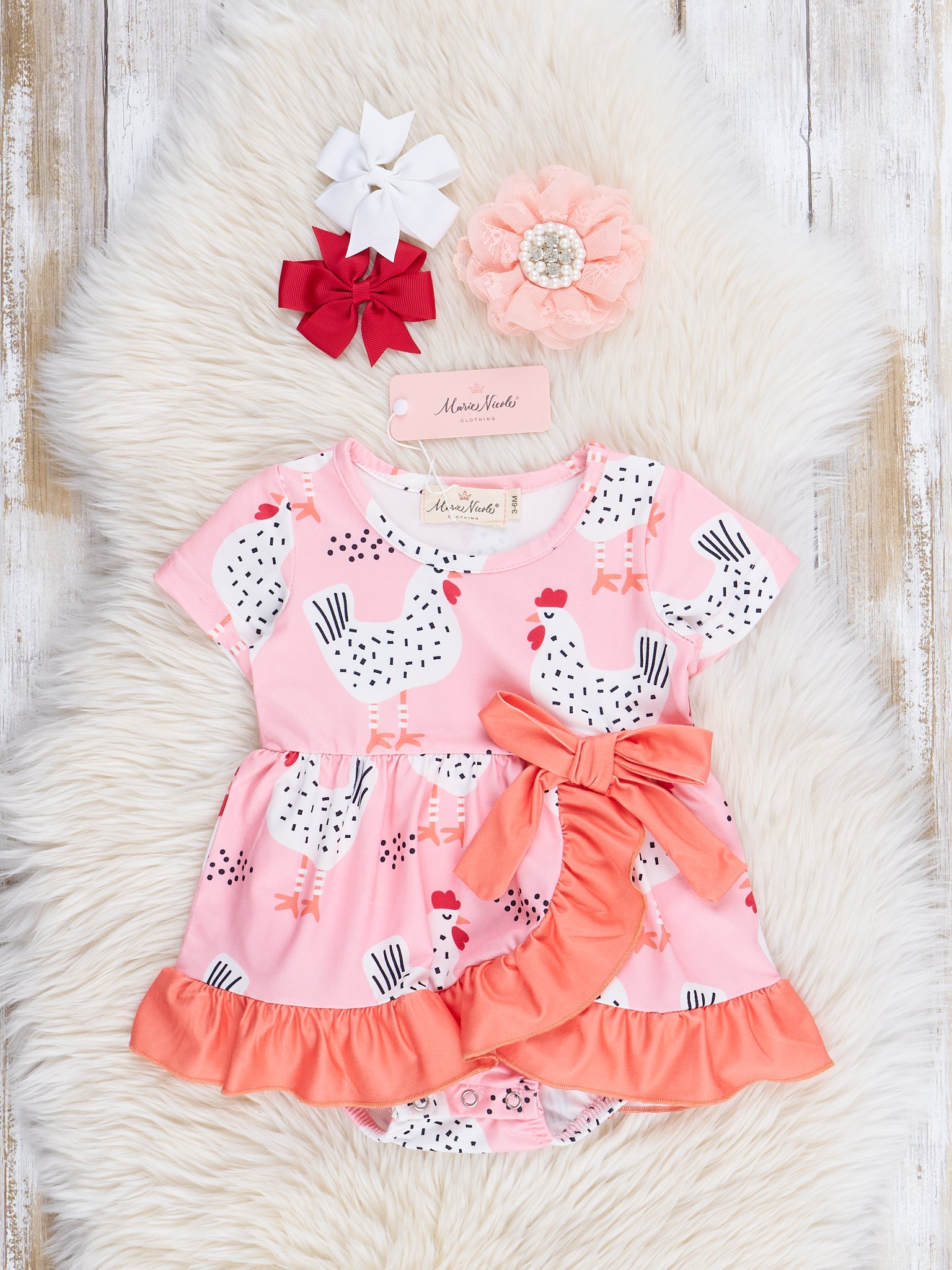 Pink & Orange Chickens Wrap Ruffle Bubble Romper - Marie Nicole Clothing