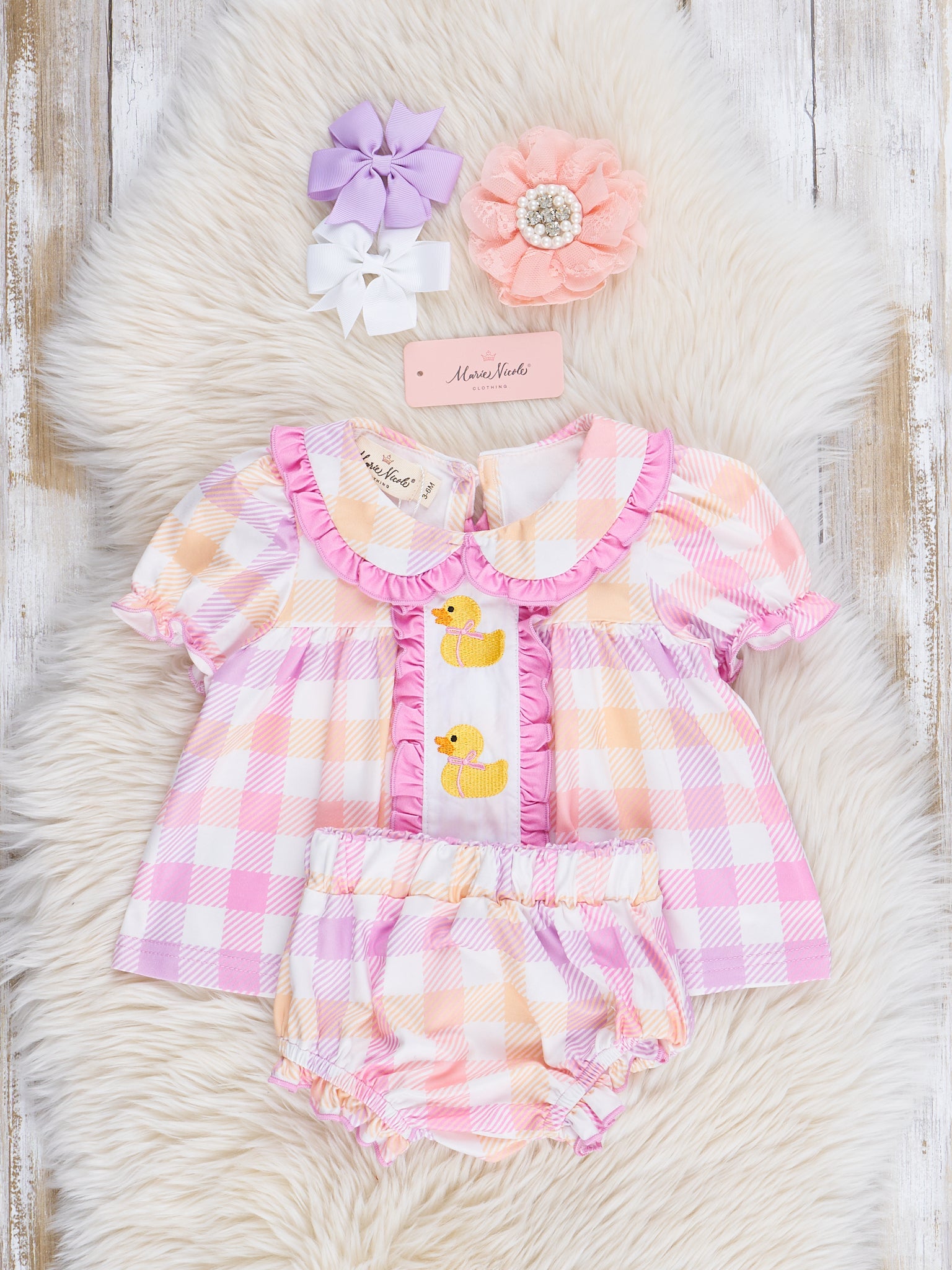Plaid Embroidered Duckies Bloomers Outfit - Marie Nicole Clothing