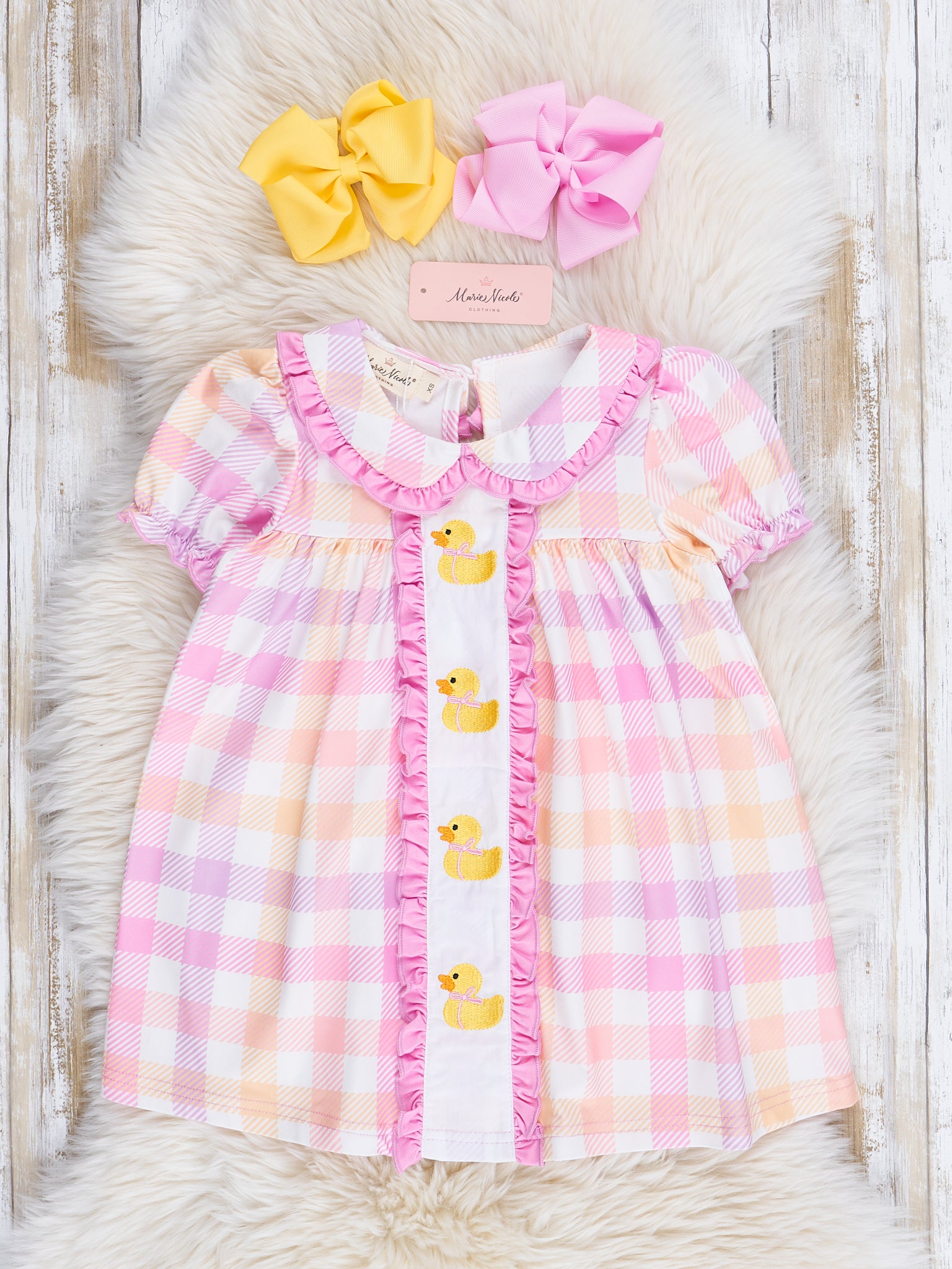 Plaid Embroidered Duckies Ruffle Dress - Marie Nicole Clothing