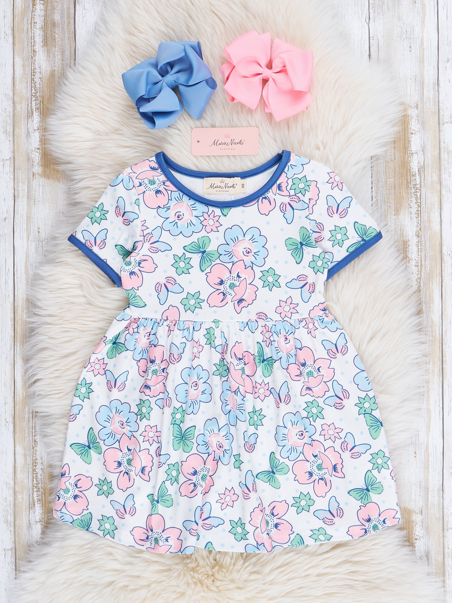 Pink & Blue Butterfly Garden Dress - Marie Nicole Clothing