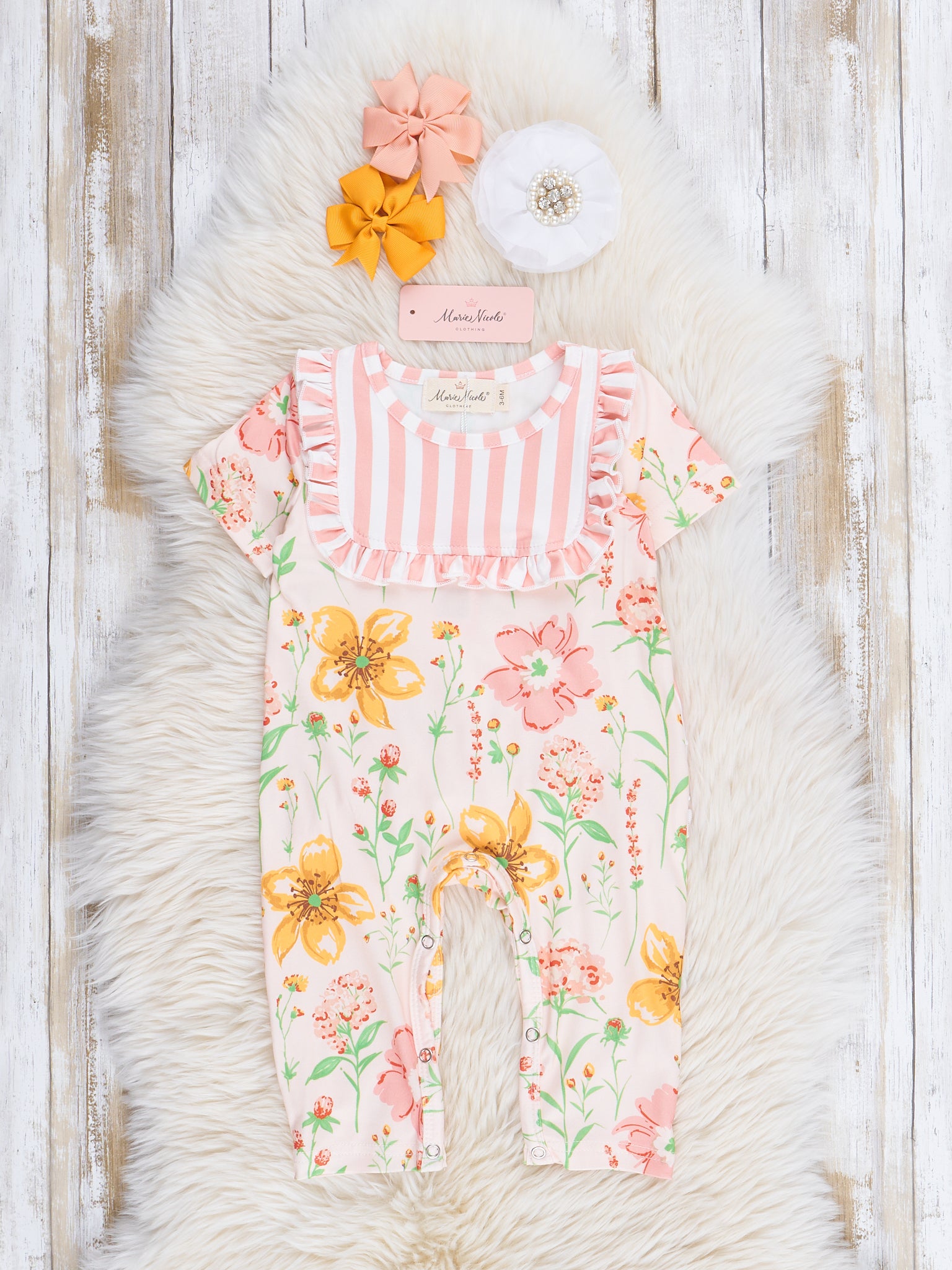 Peach Stripes Garden Ruffle Romper - Marie Nicole Clothing