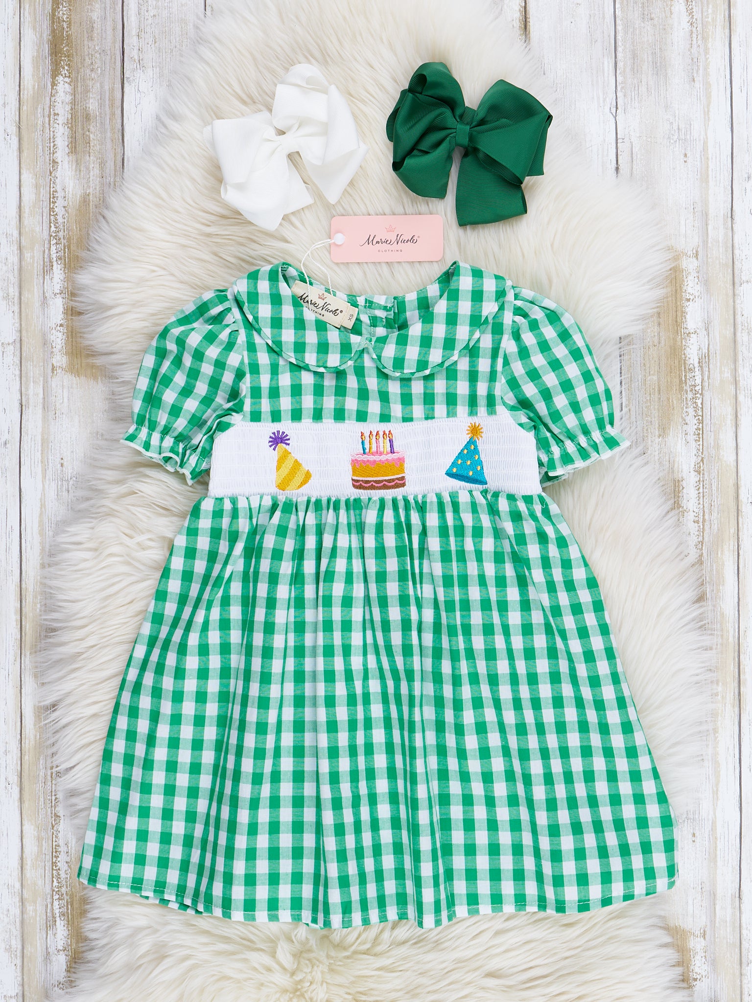 Green Gingham Party Time Smocked Dress - Marie Nicole Clothing