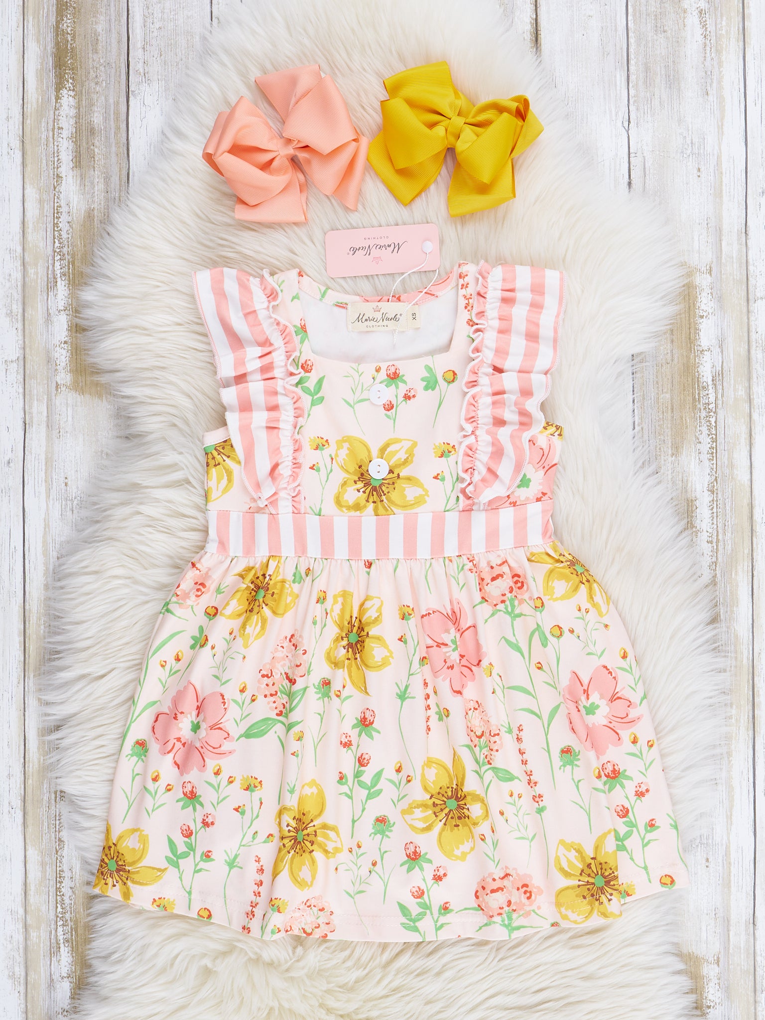 Peach Stripes Garden Ruffle Dress - Marie Nicole Clothing