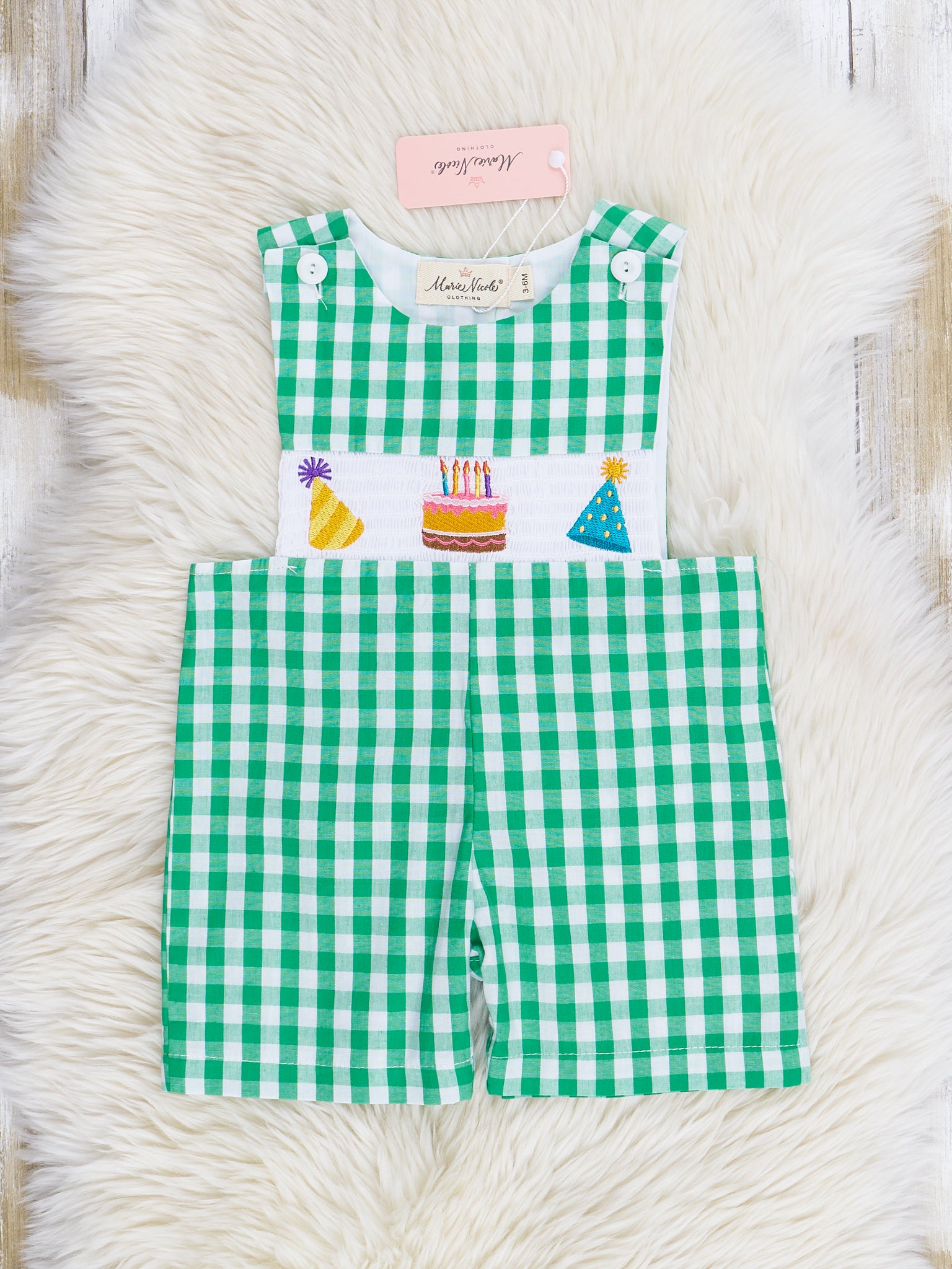 Green Gingham Party Time Smocked Johnny - Marie Nicole Clothing