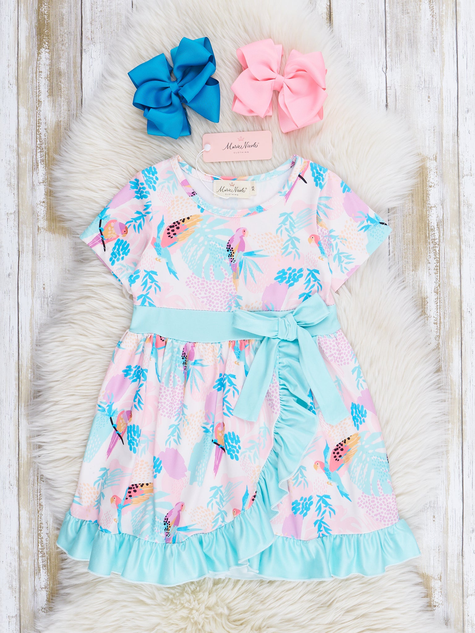 Pink & Teal Parrots Wrap Ruffle Dress - Marie Nicole Clothing