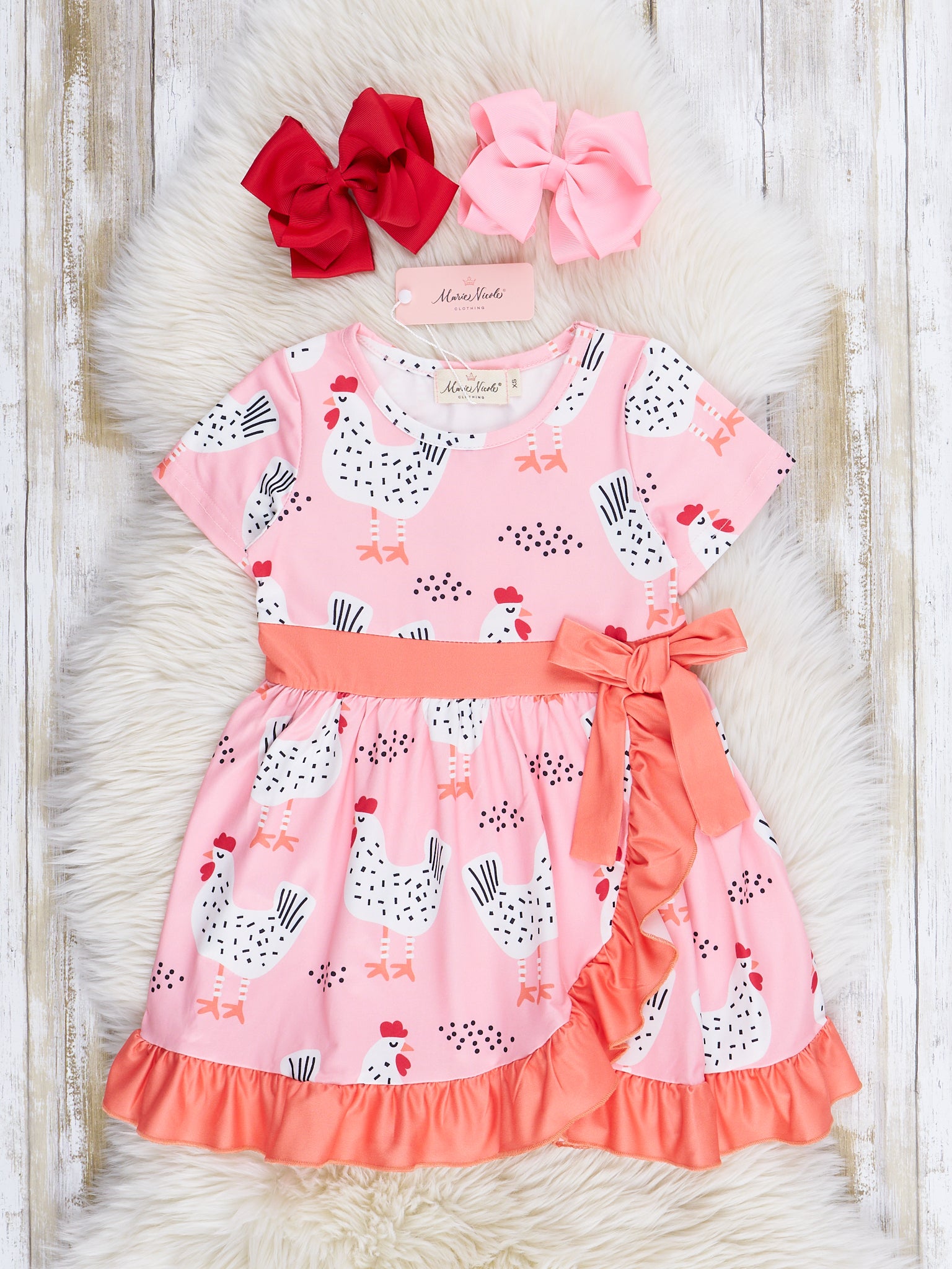 Pink & Orange Chickens Wrap Ruffle Dress - Marie Nicole Clothing
