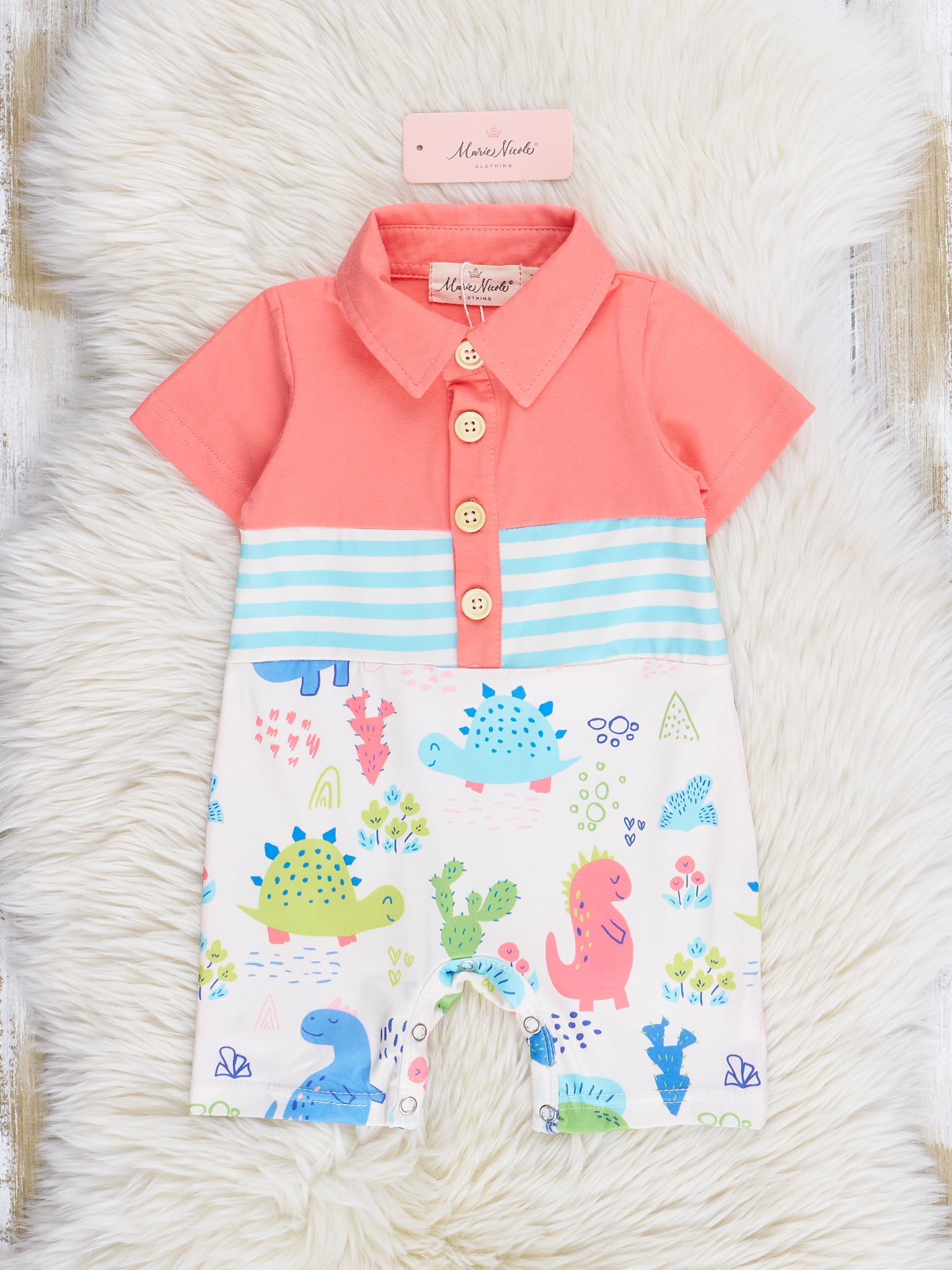 Coral & Teal Dinosaur World Polo Romper - Marie Nicole Clothing