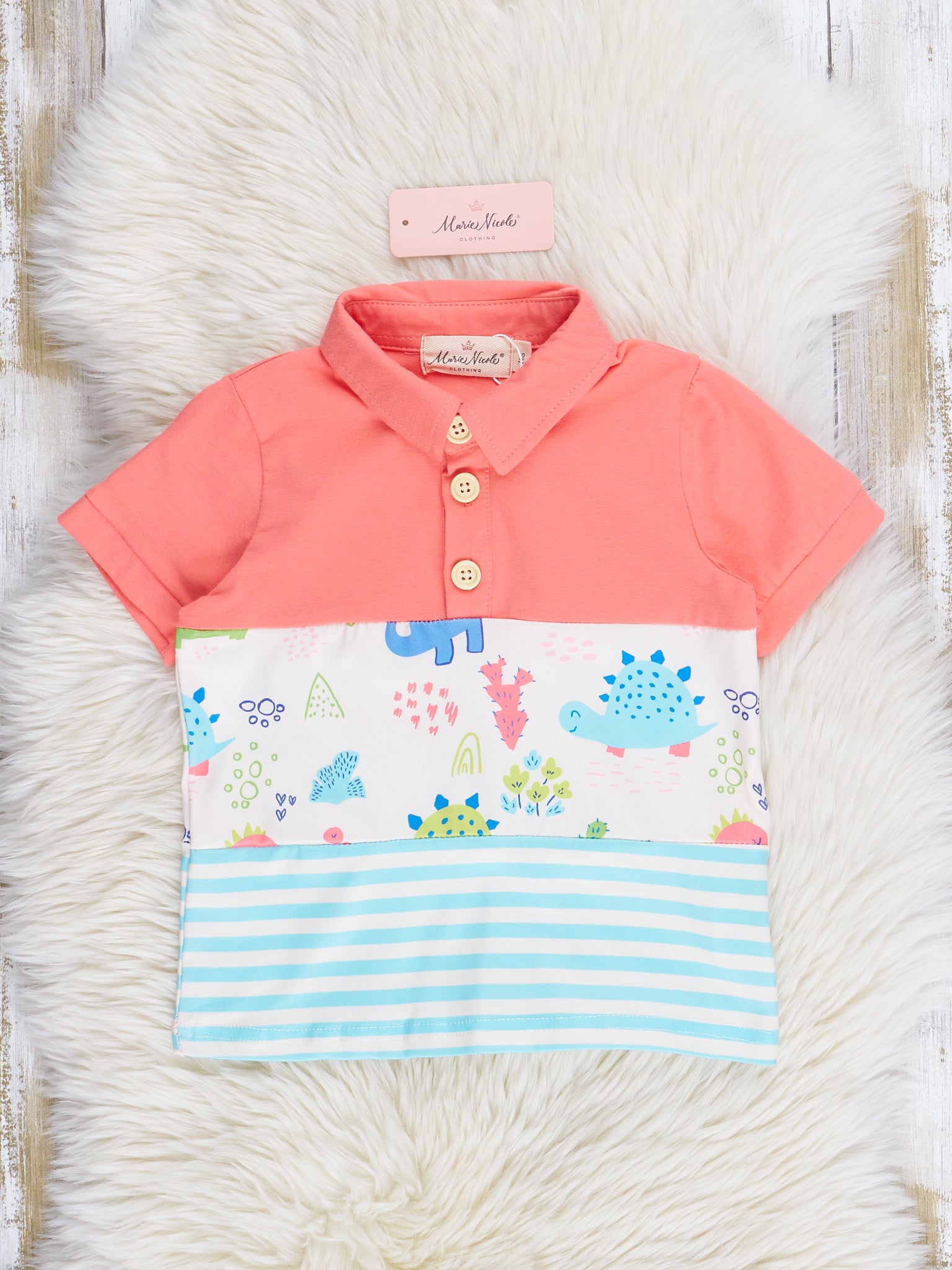 Coral & Teal Dinosaur World Polo Shirt - Marie Nicole Clothing