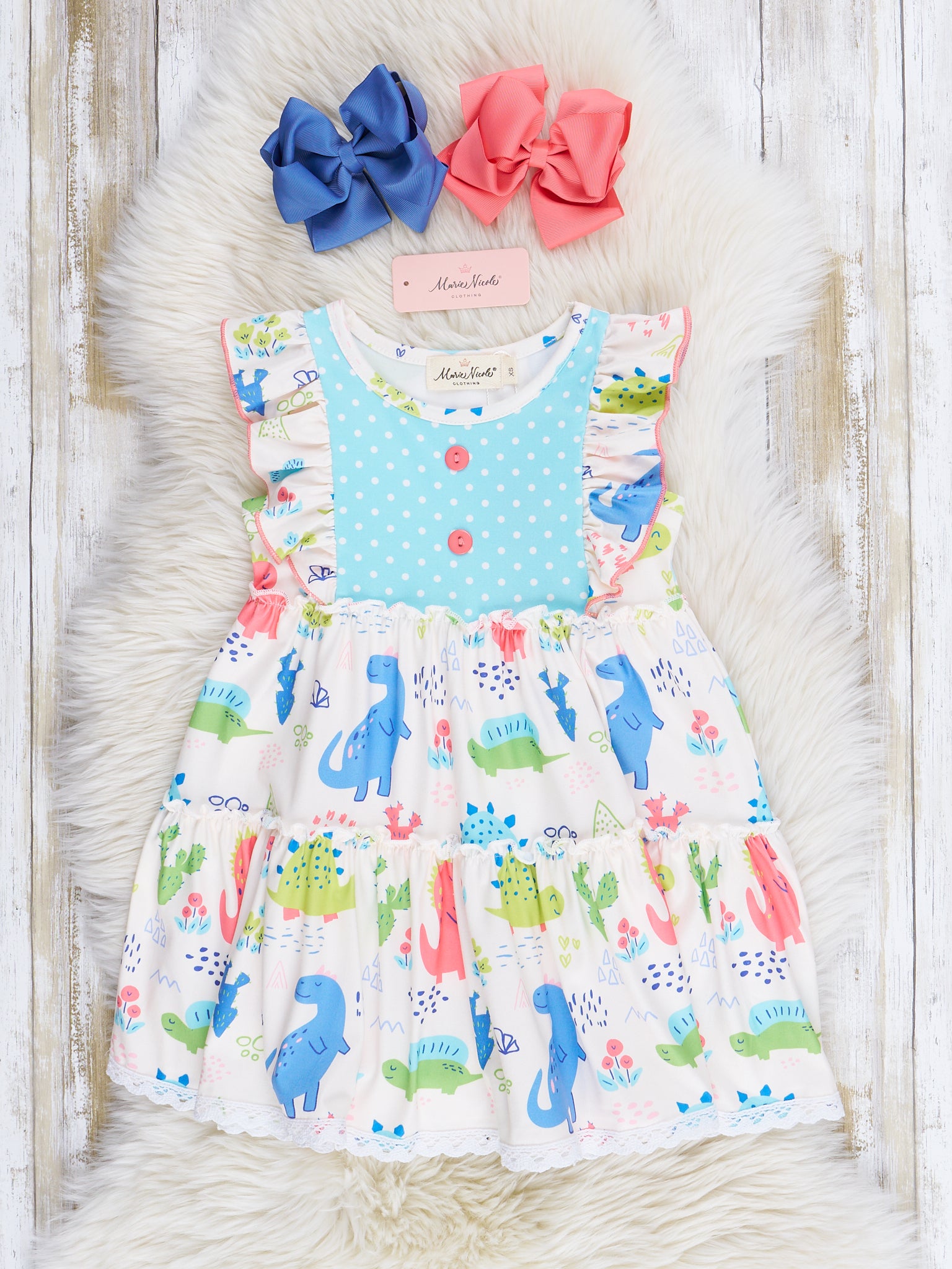 Coral & Teal Dinosaur World Ruffle Dress - Marie Nicole Clothing