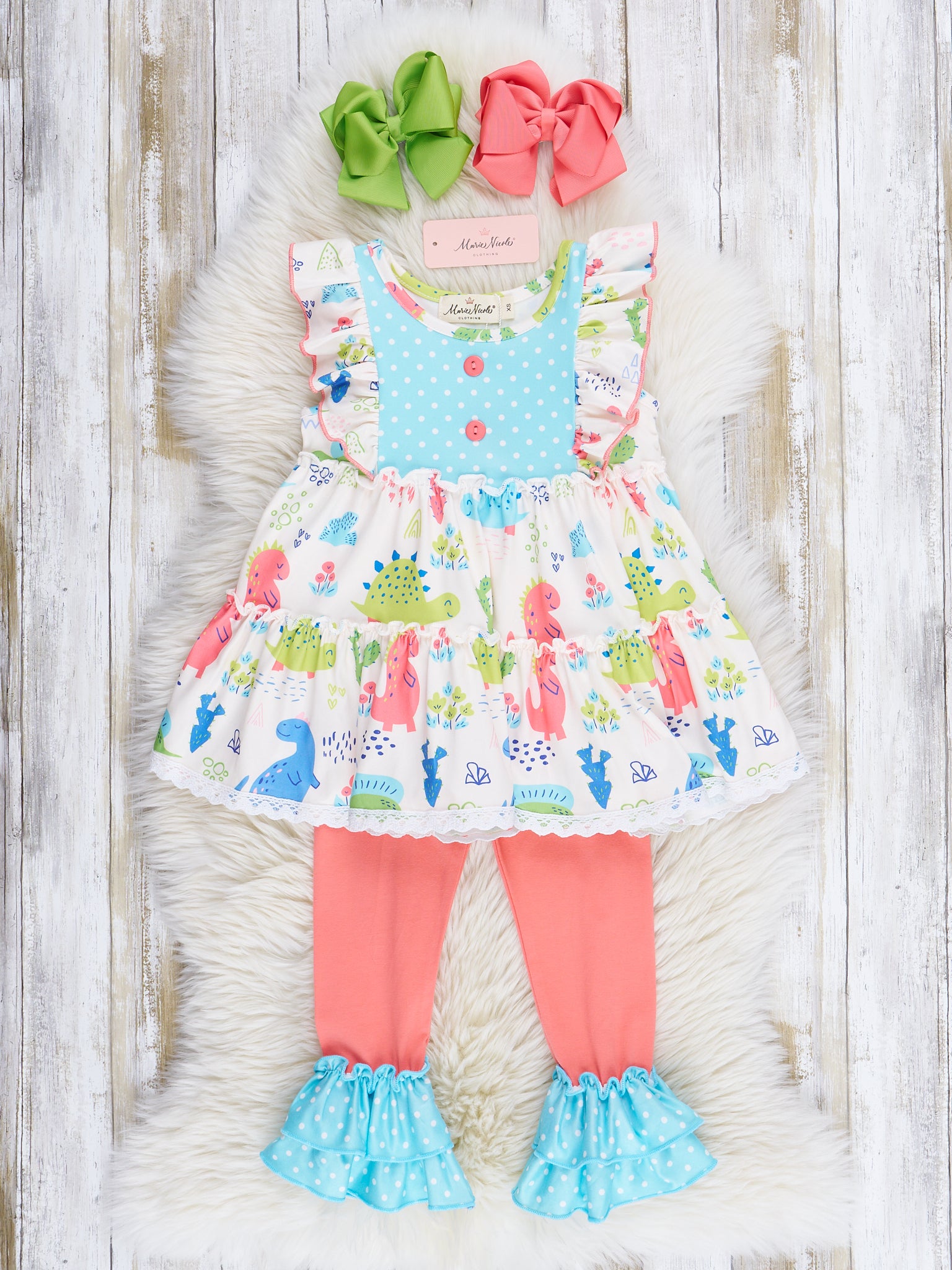 Coral & Teal Dinosaur World Ruffle Outfit - Marie Nicole Clothing