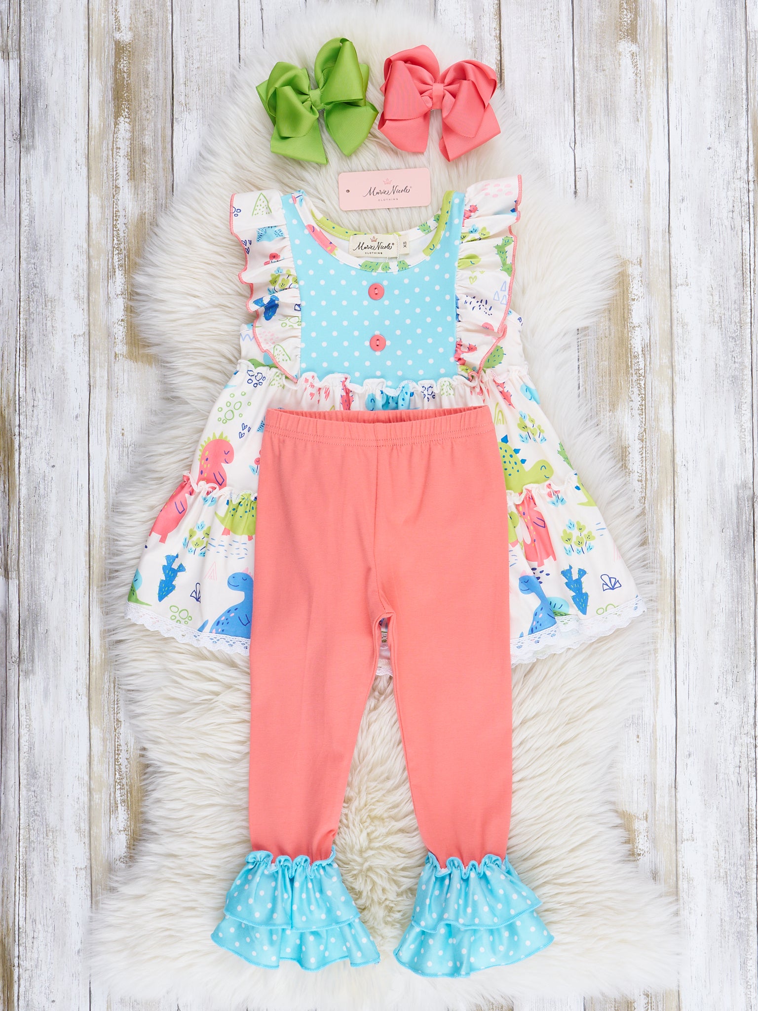 Coral & Teal Dinosaur World Ruffle Outfit - Marie Nicole Clothing