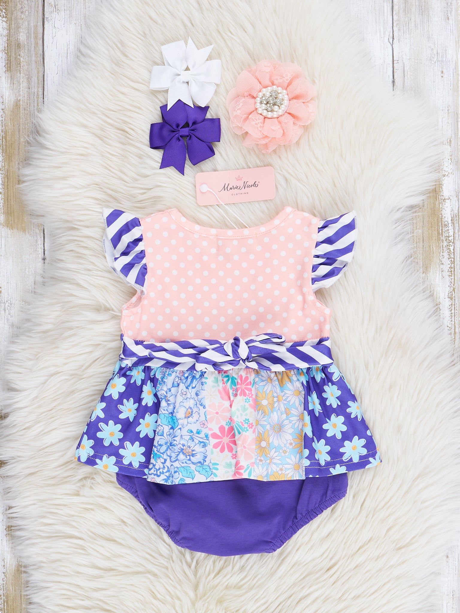 Indigo & Peach Print Peplum Bubble Romper - Marie Nicole Clothing