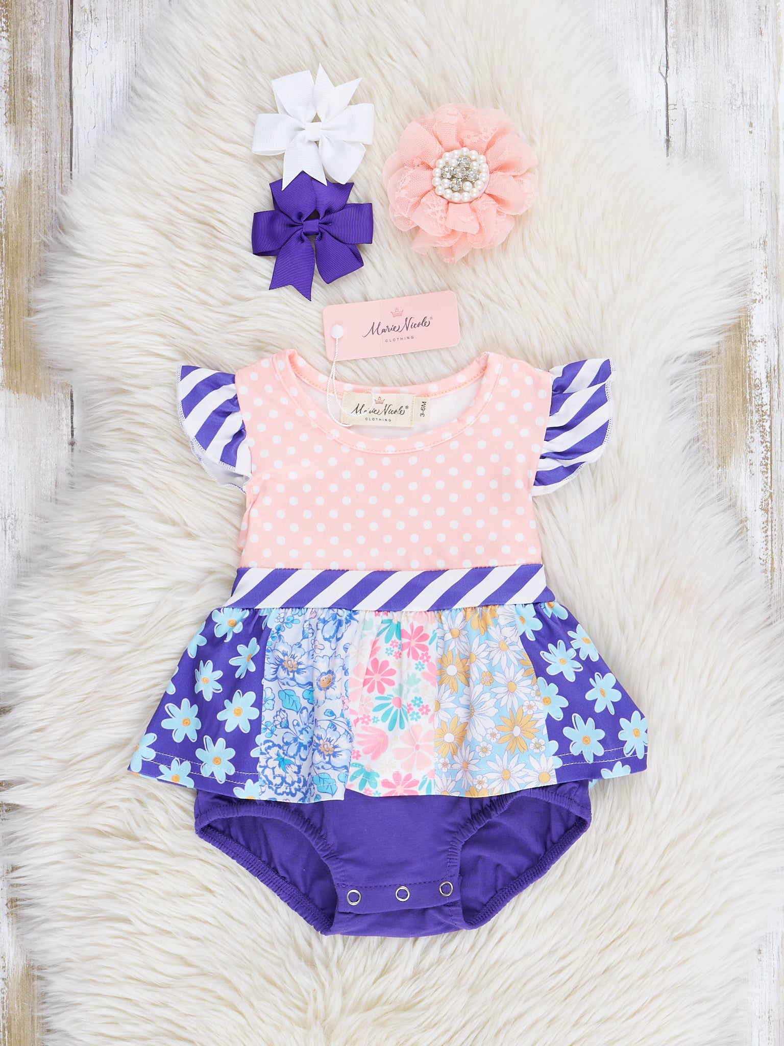 Indigo & Peach Print Peplum Bubble Romper - Marie Nicole Clothing