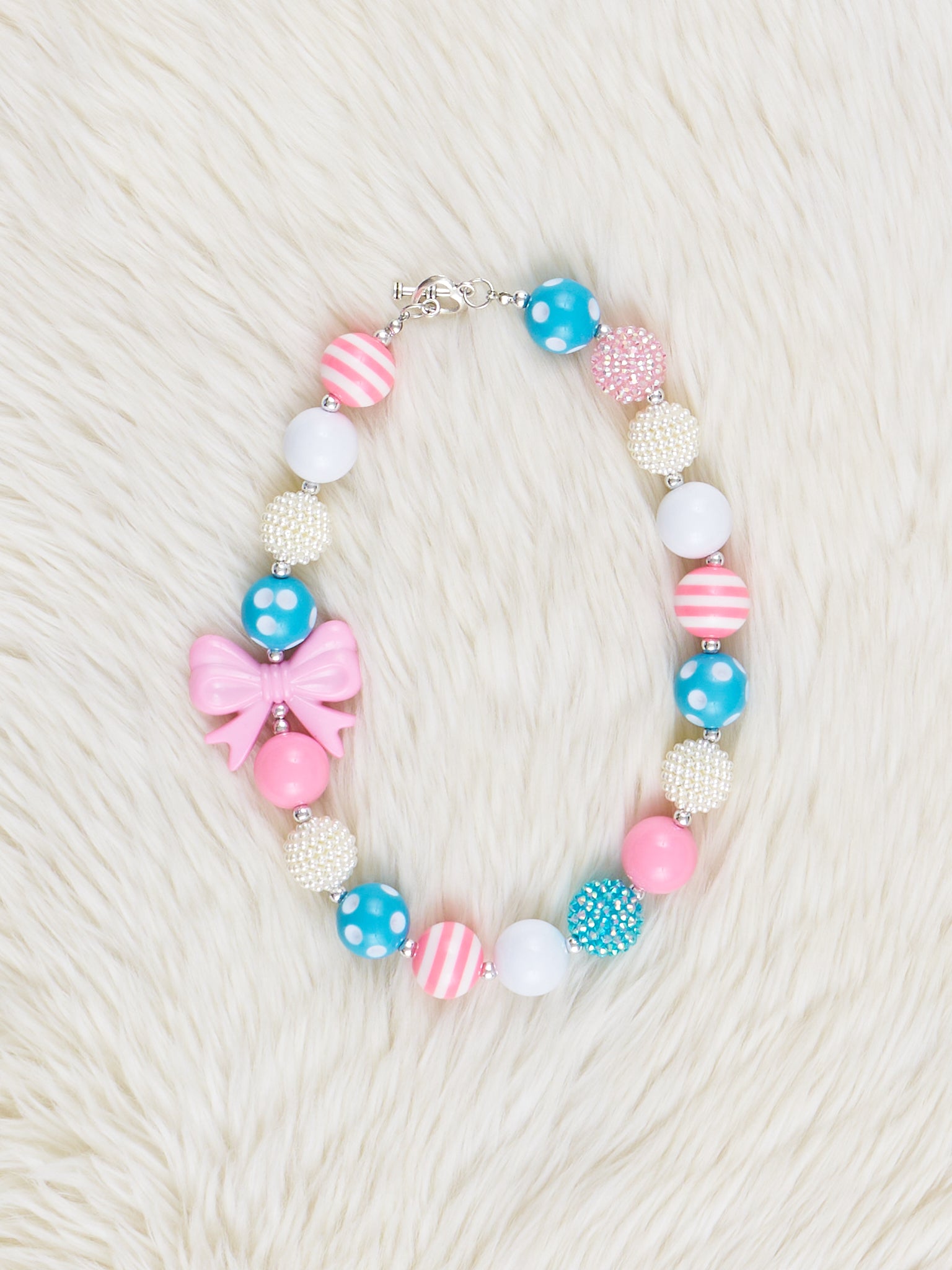 Teal & Pink Bow Charm Bubblegum Necklace - Marie Nicole Clothing