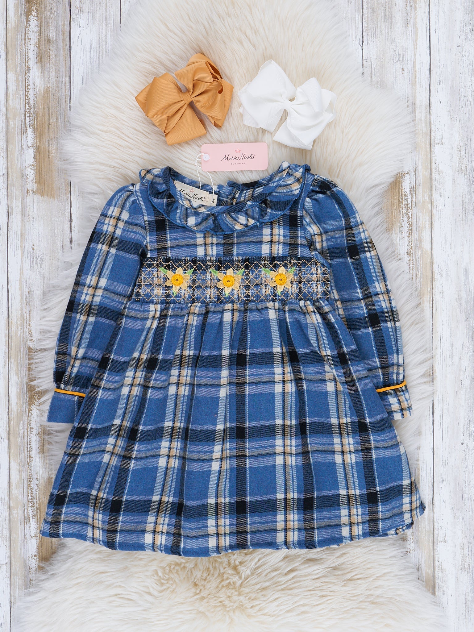 Blue Plaid Smocked Daisies Dress - Marie Nicole Clothing