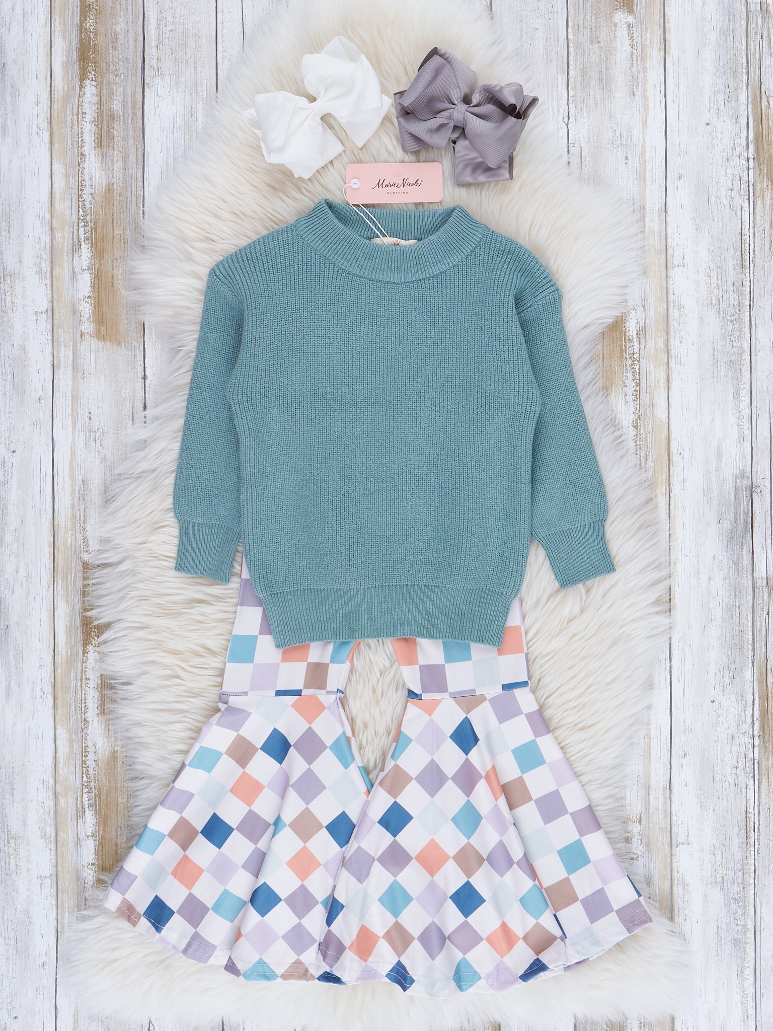 Dusty Teal & Orange Cream Checkers Bell Bottom Outfit - Marie Nicole Clothing
