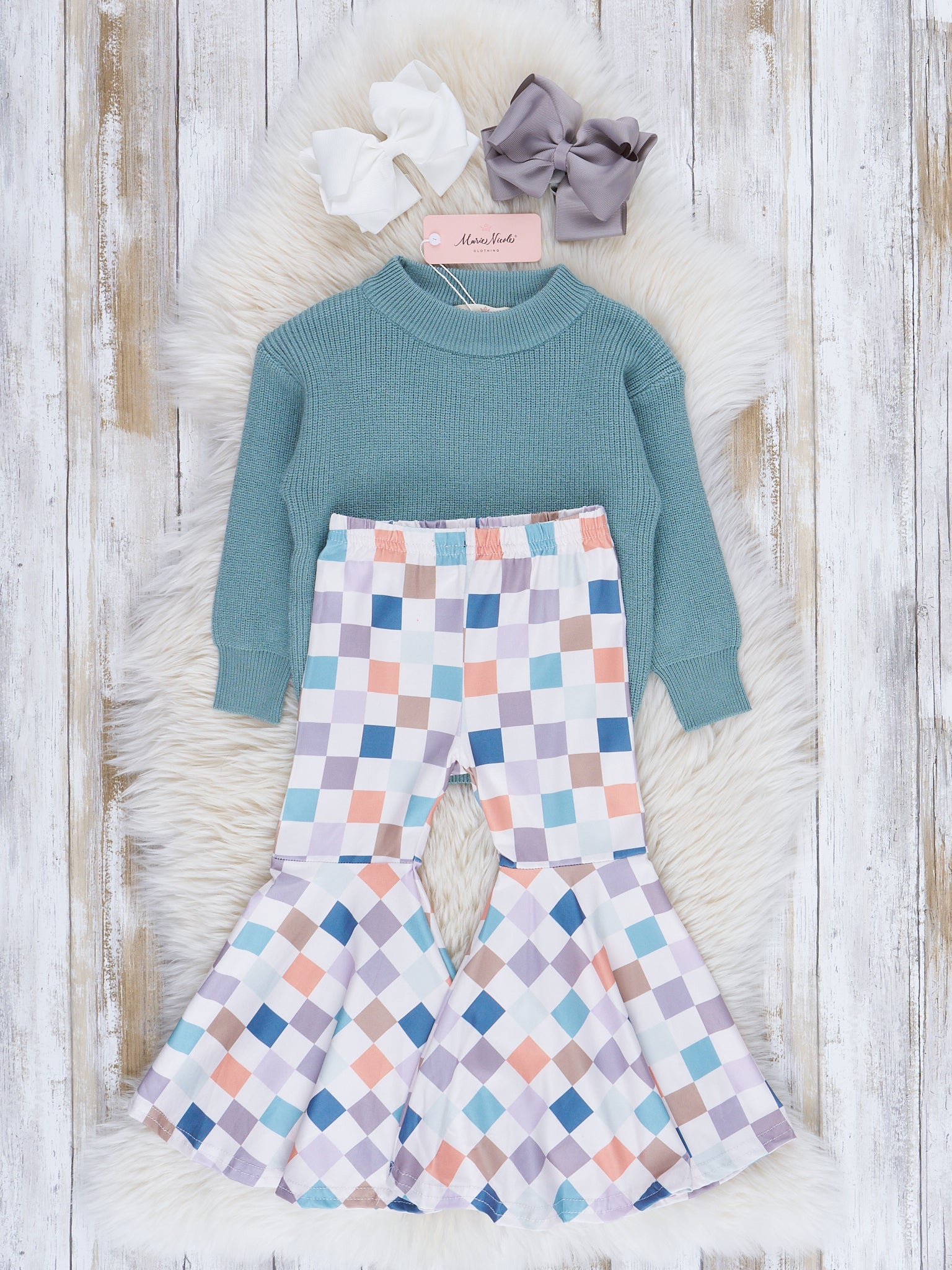 Dusty Teal & Orange Cream Checkers Bell Bottom Outfit - Marie Nicole Clothing