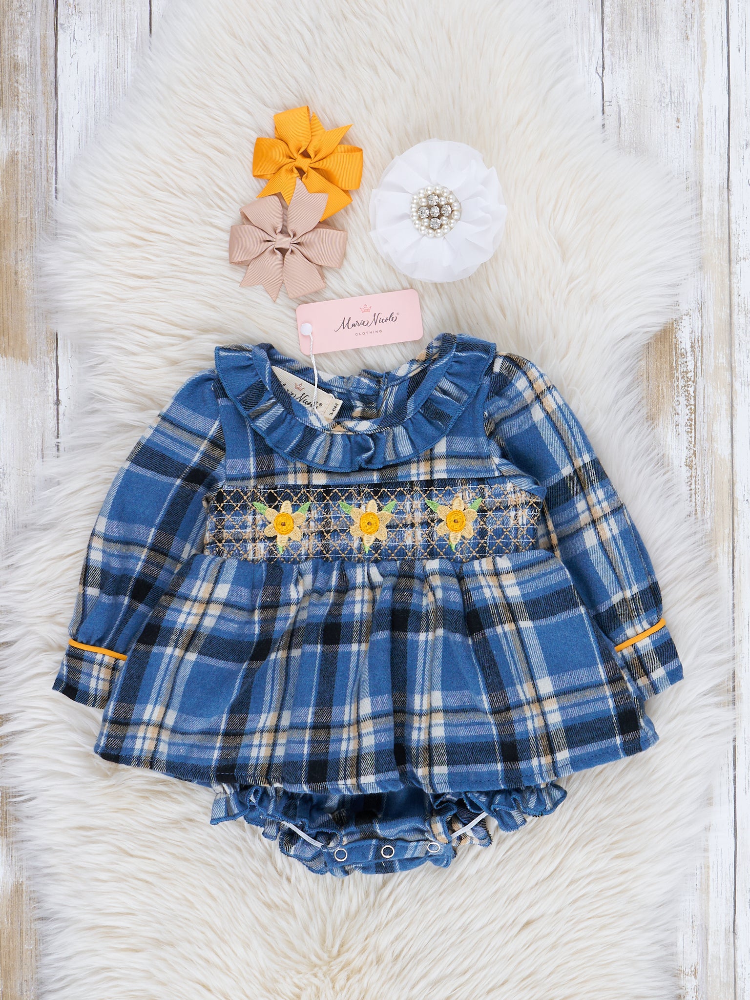 Blue Plaid Smocked Daisies Bubble Romper - Marie Nicole Clothing