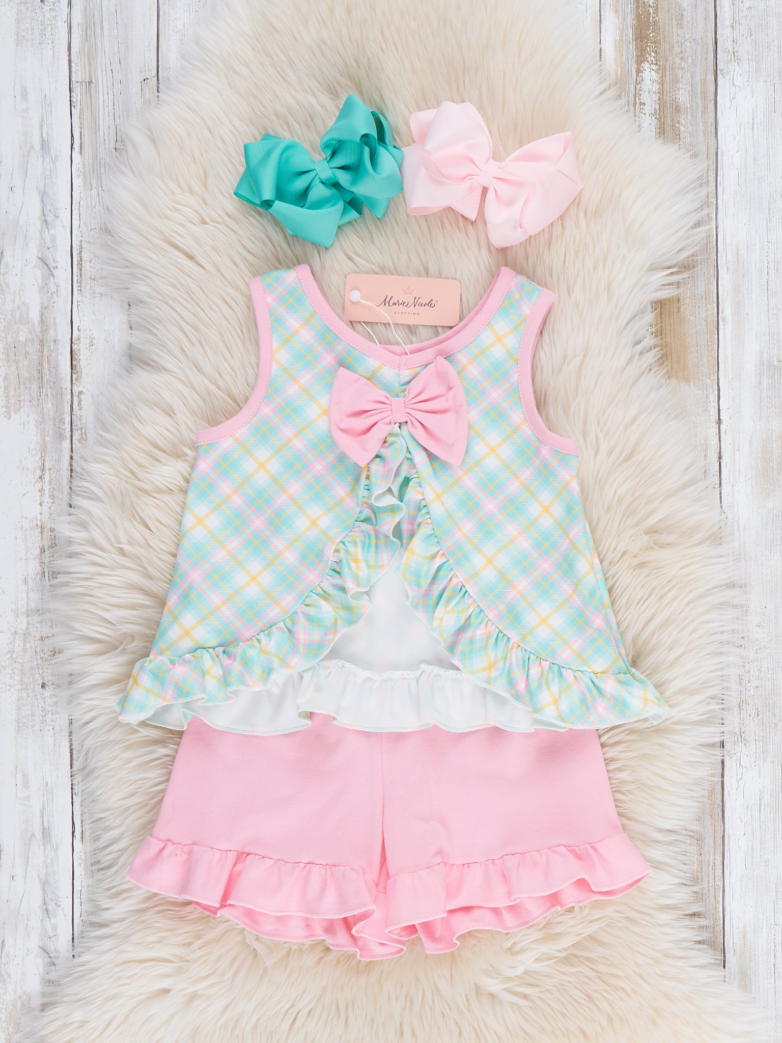 Mama’s Girl Pastel Plaid Smocked Ruffle Outfit - Marie Nicole Clothing