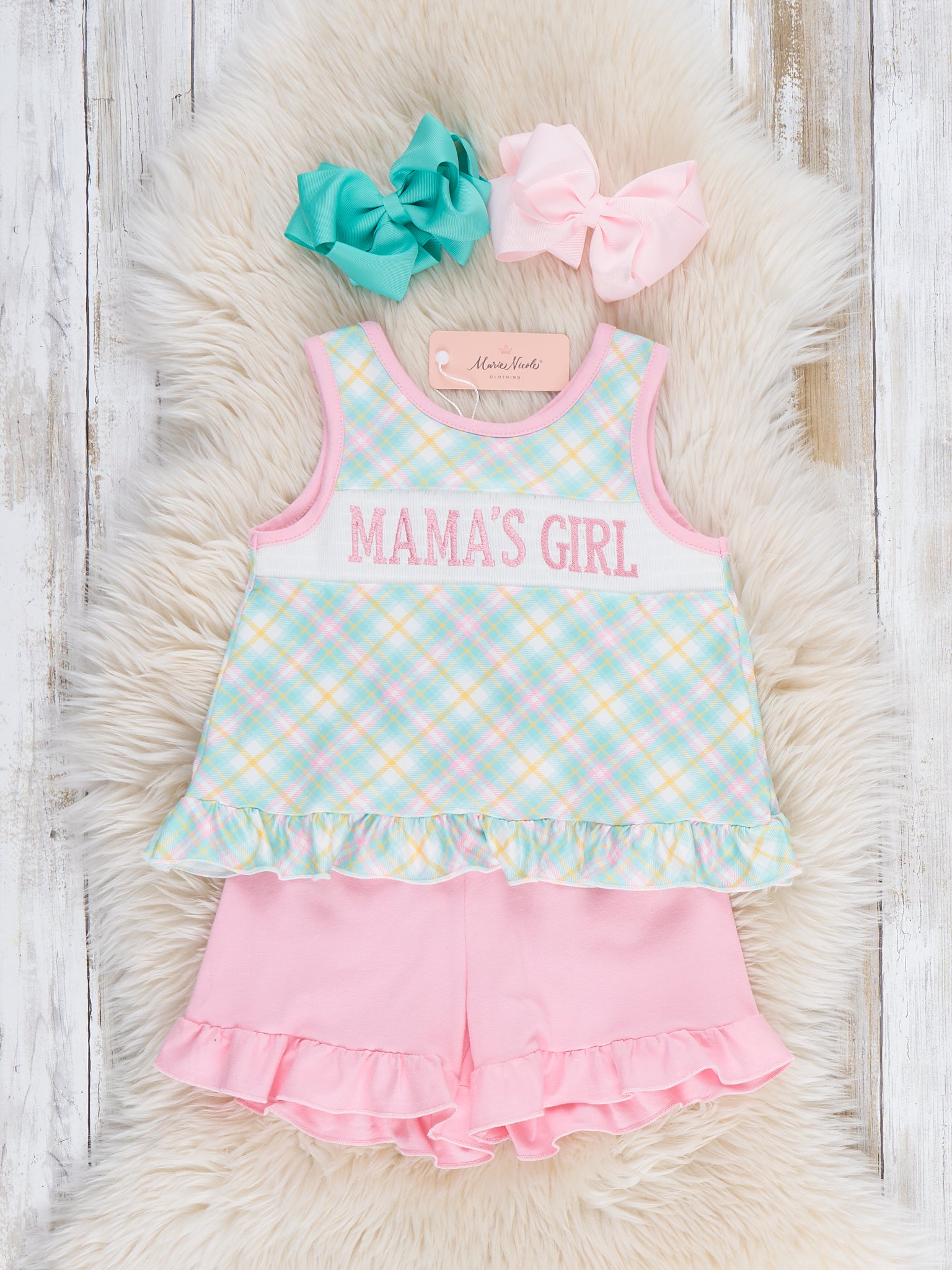 Mama’s Girl Pastel Plaid Smocked Ruffle Outfit - Marie Nicole Clothing