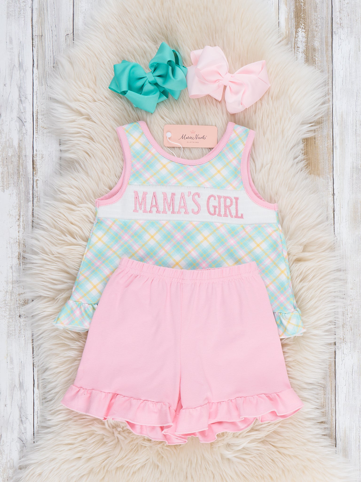 Mama’s Girl Pastel Plaid Smocked Ruffle Outfit - Marie Nicole Clothing