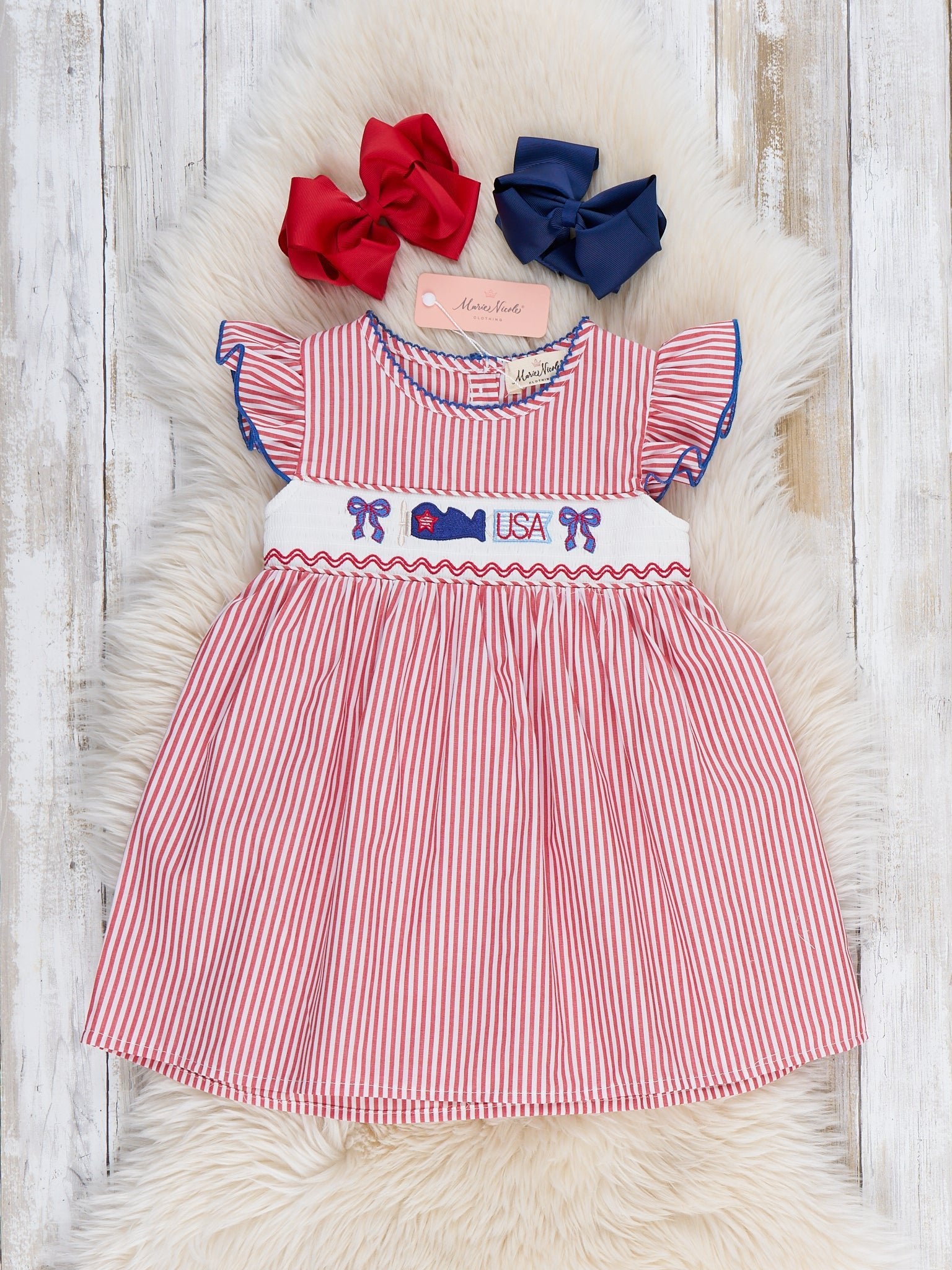 Freedom Flight Smocked Striped 100% Cotton Dress - Marie Nicole Clothing