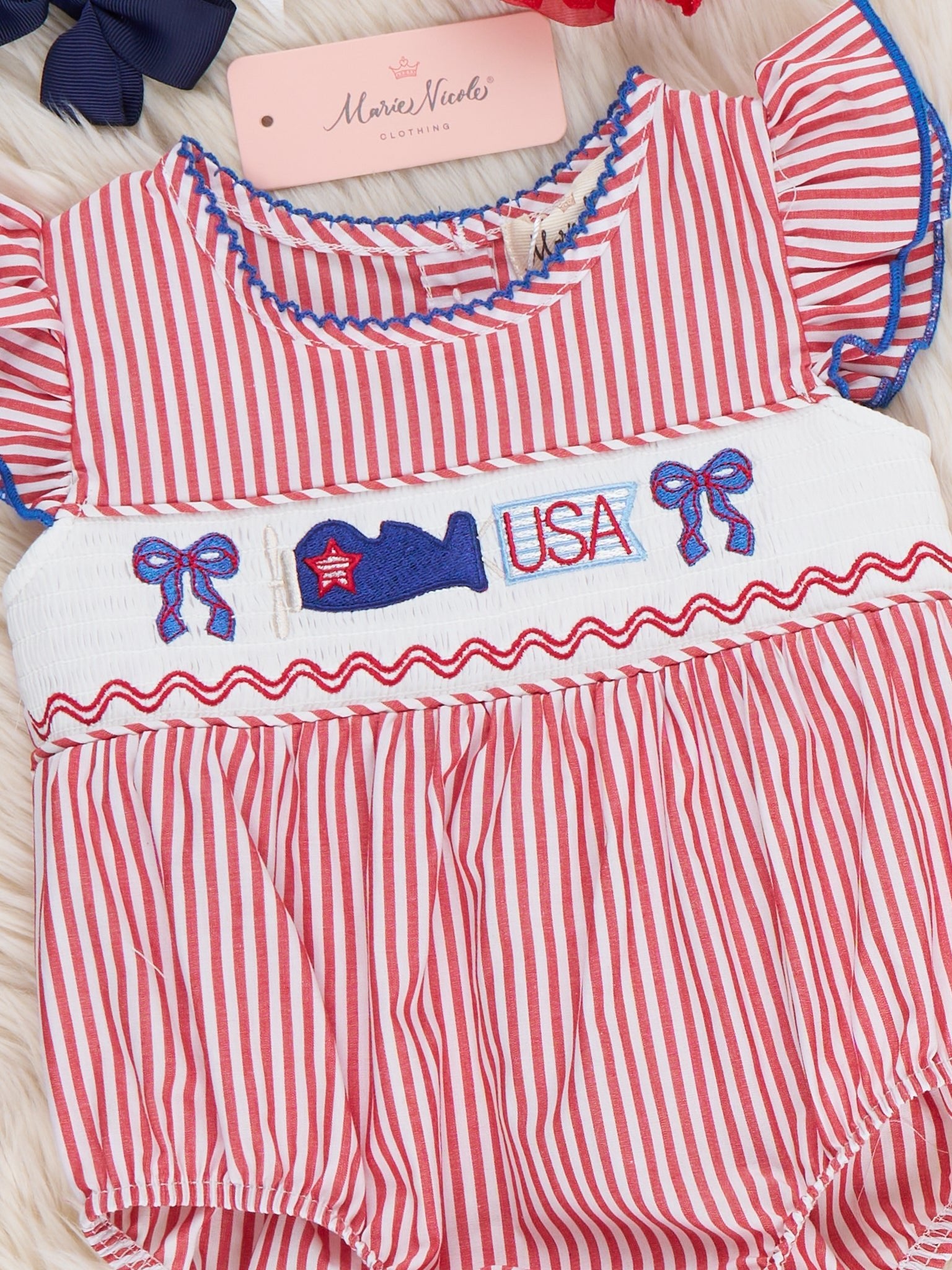 Freedom Flight Smocked Striped 100% Cotton Bubble Romper - Marie Nicole Clothing