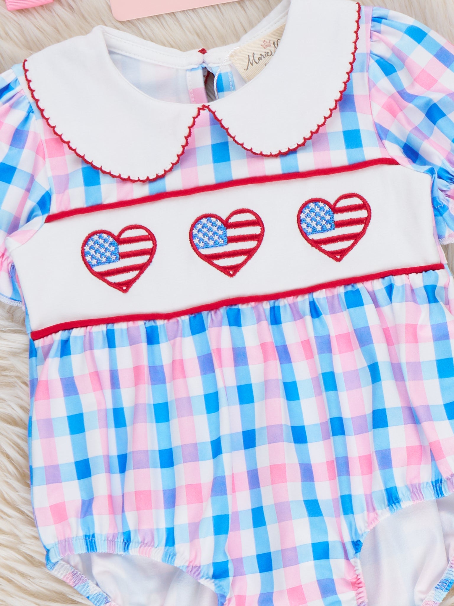 USA Heart Embroidered Plaid Bubble Romper - Marie Nicole Clothing
