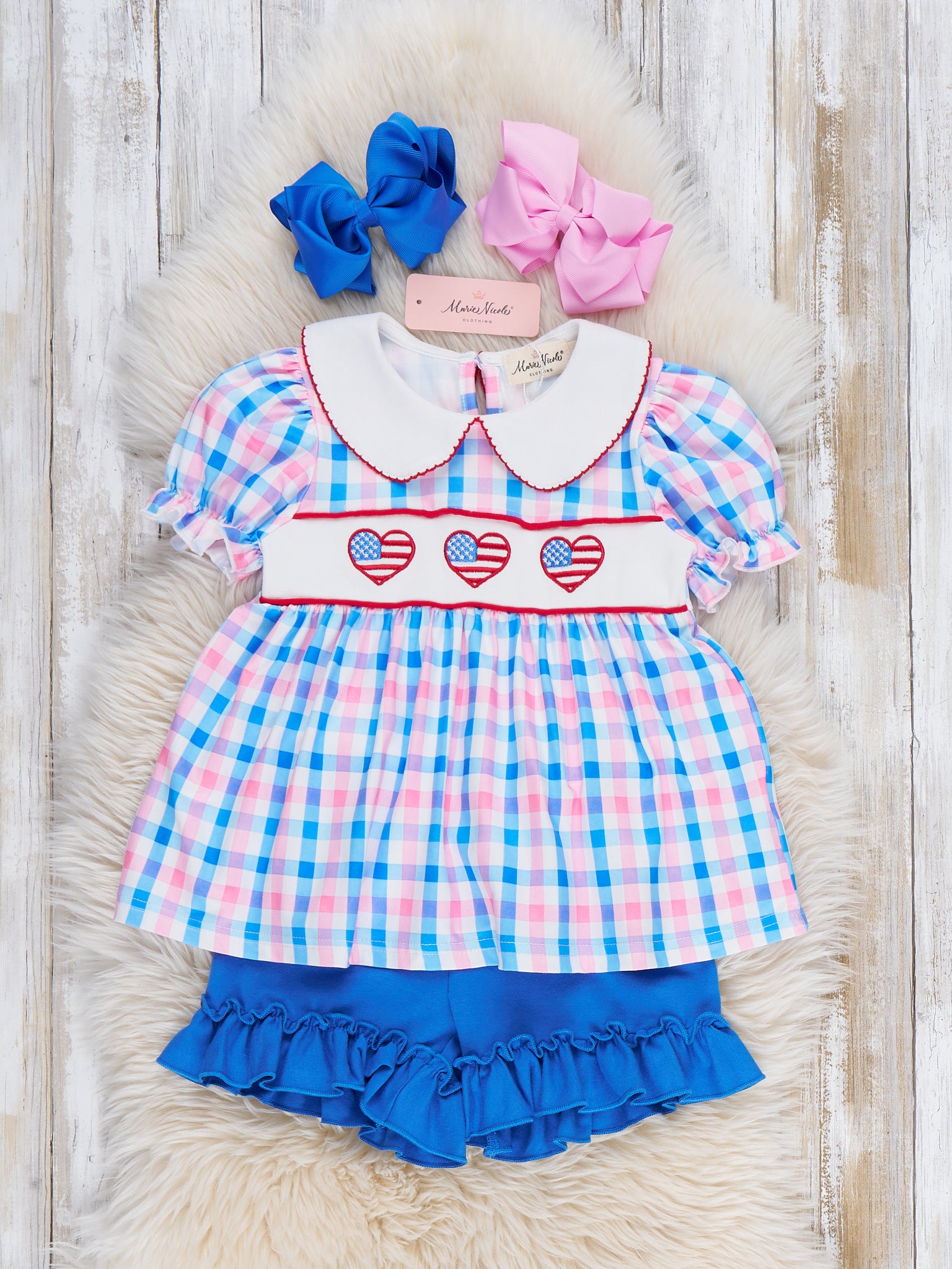USA Heart Embroidered Plaid Ruffle Outfit - Marie Nicole Clothing