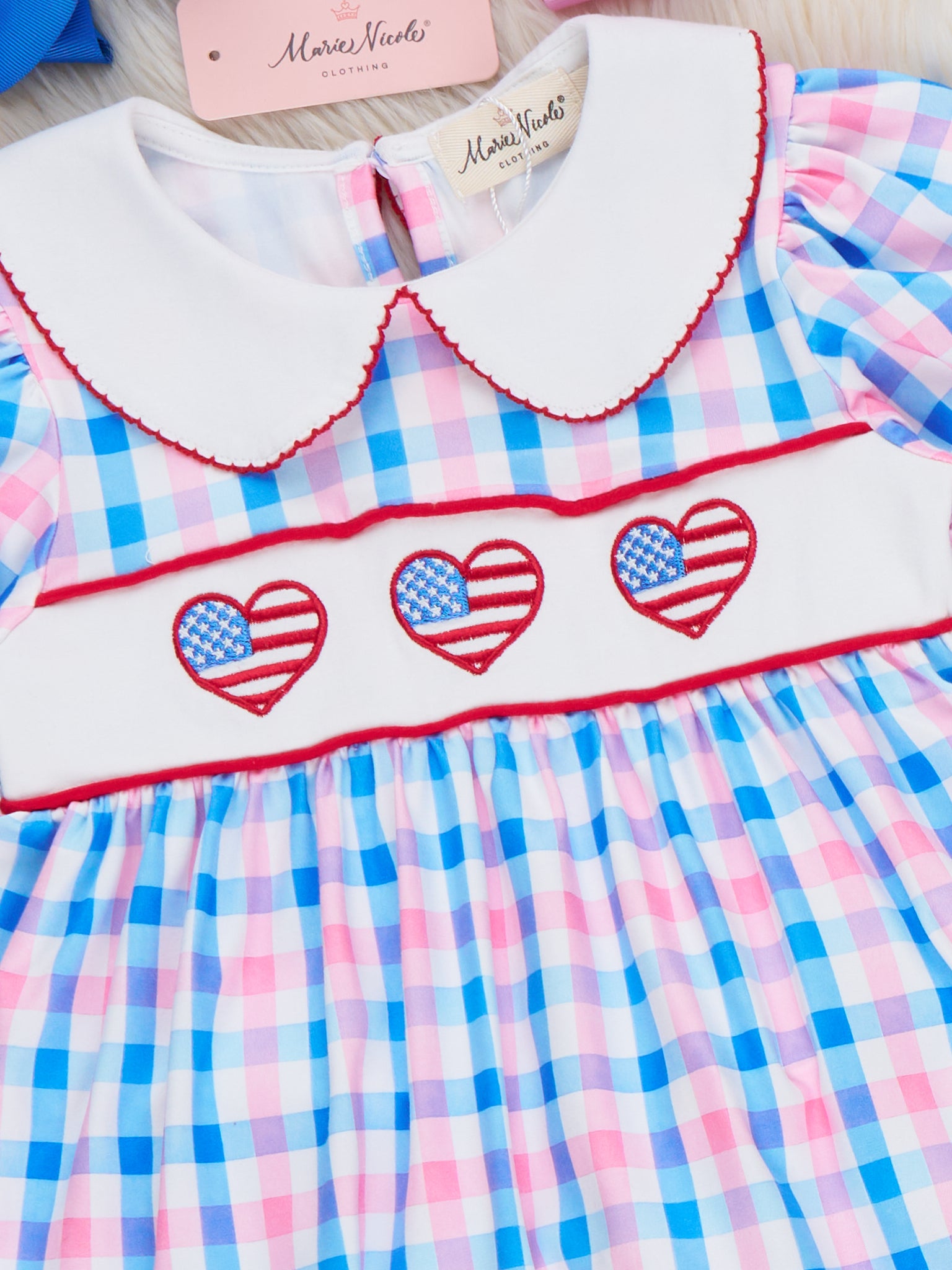 USA Heart Embroidered Plaid Ruffle Outfit - Marie Nicole Clothing