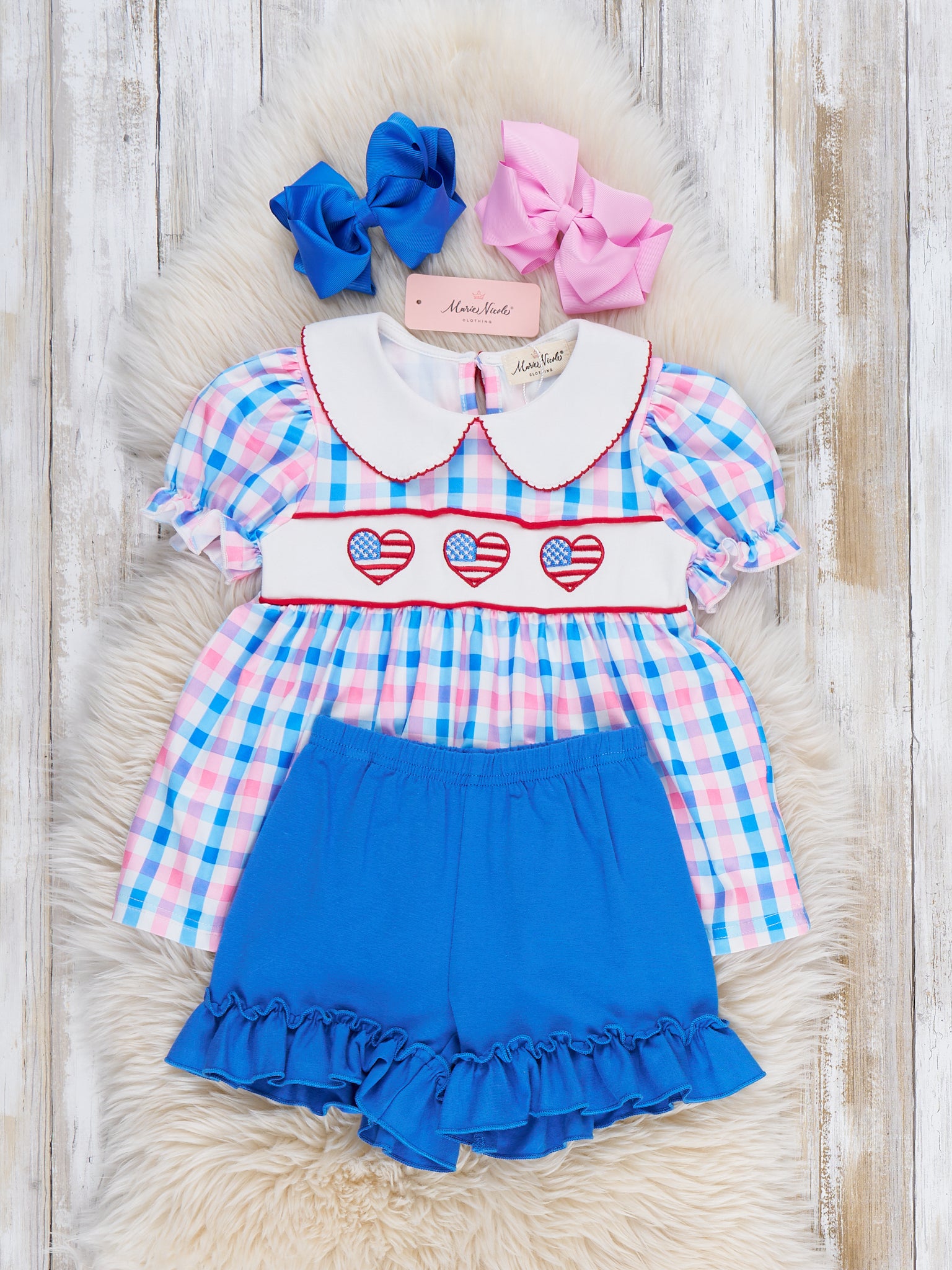 USA Heart Embroidered Plaid Ruffle Outfit - Marie Nicole Clothing