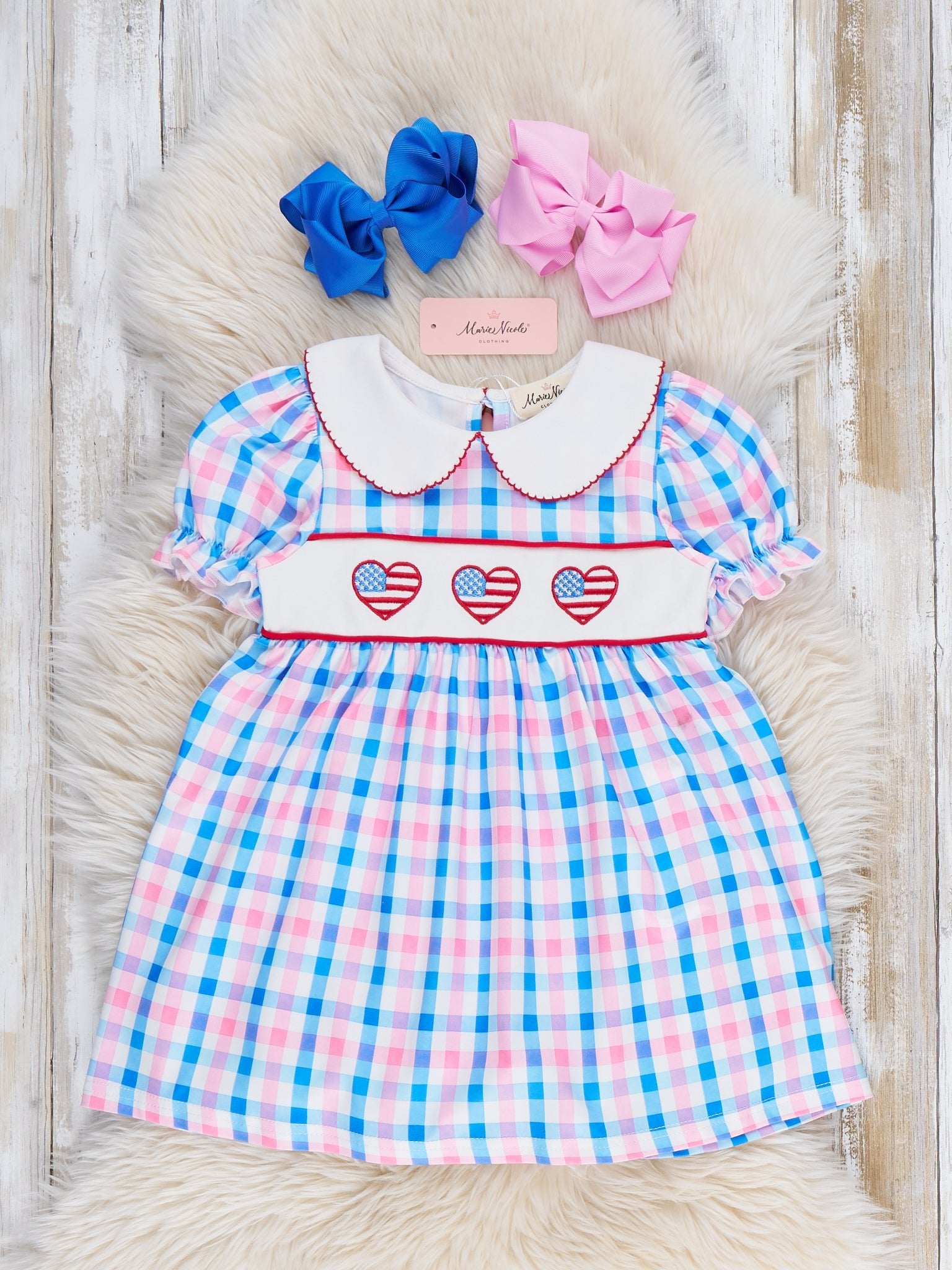 USA Heart Embroidered Plaid Dress - Marie Nicole Clothing