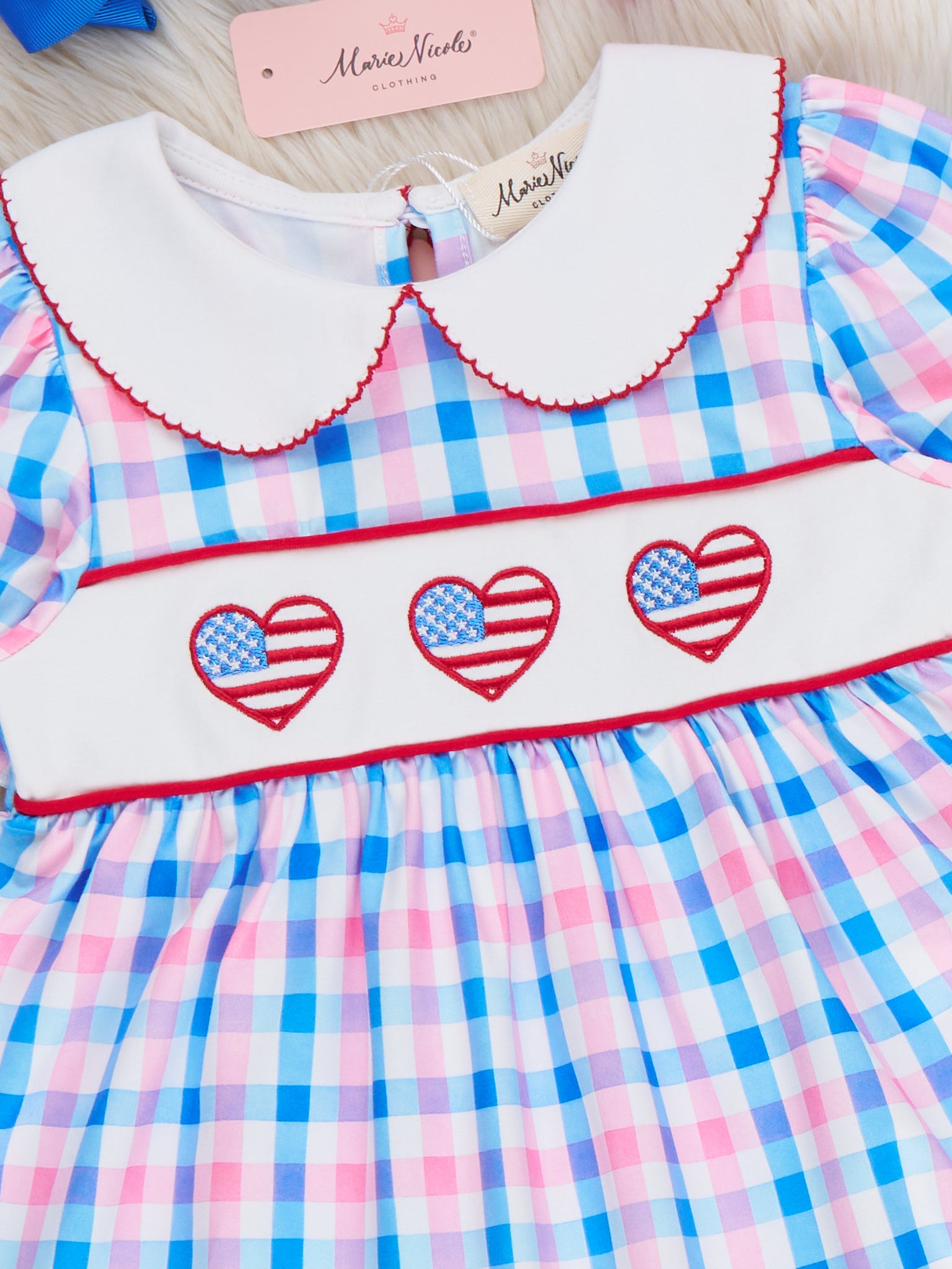USA Heart Embroidered Plaid Dress - Marie Nicole Clothing