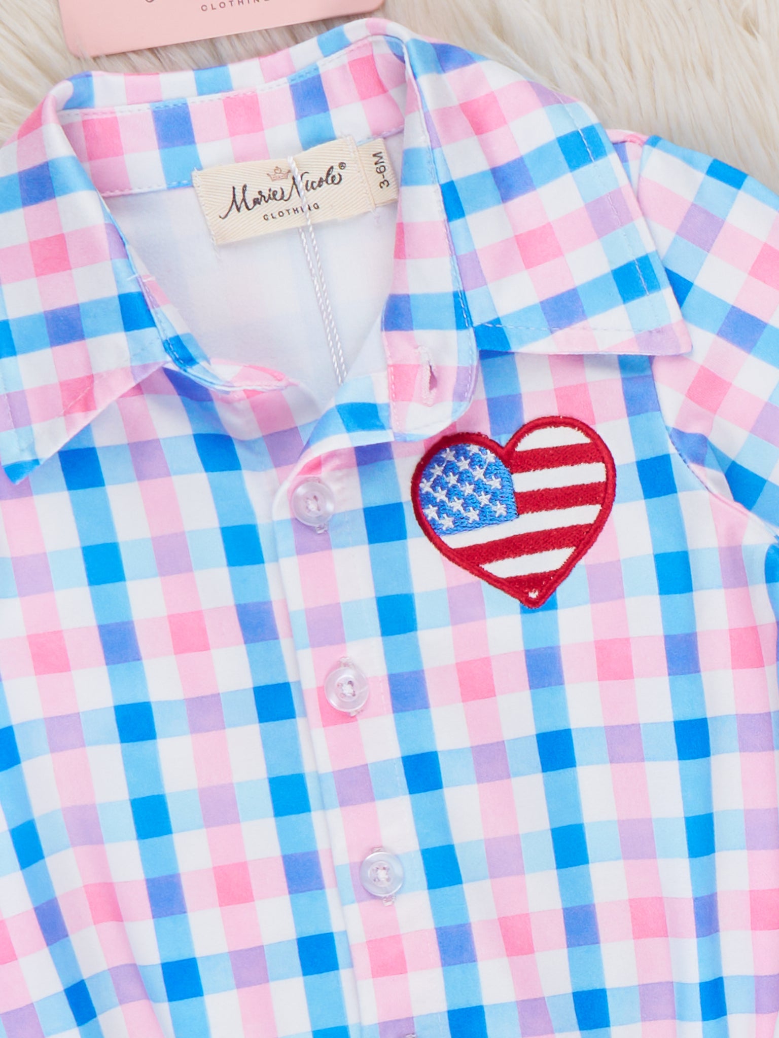 USA Heart Embroidered Plaid Button Romper - Marie Nicole Clothing