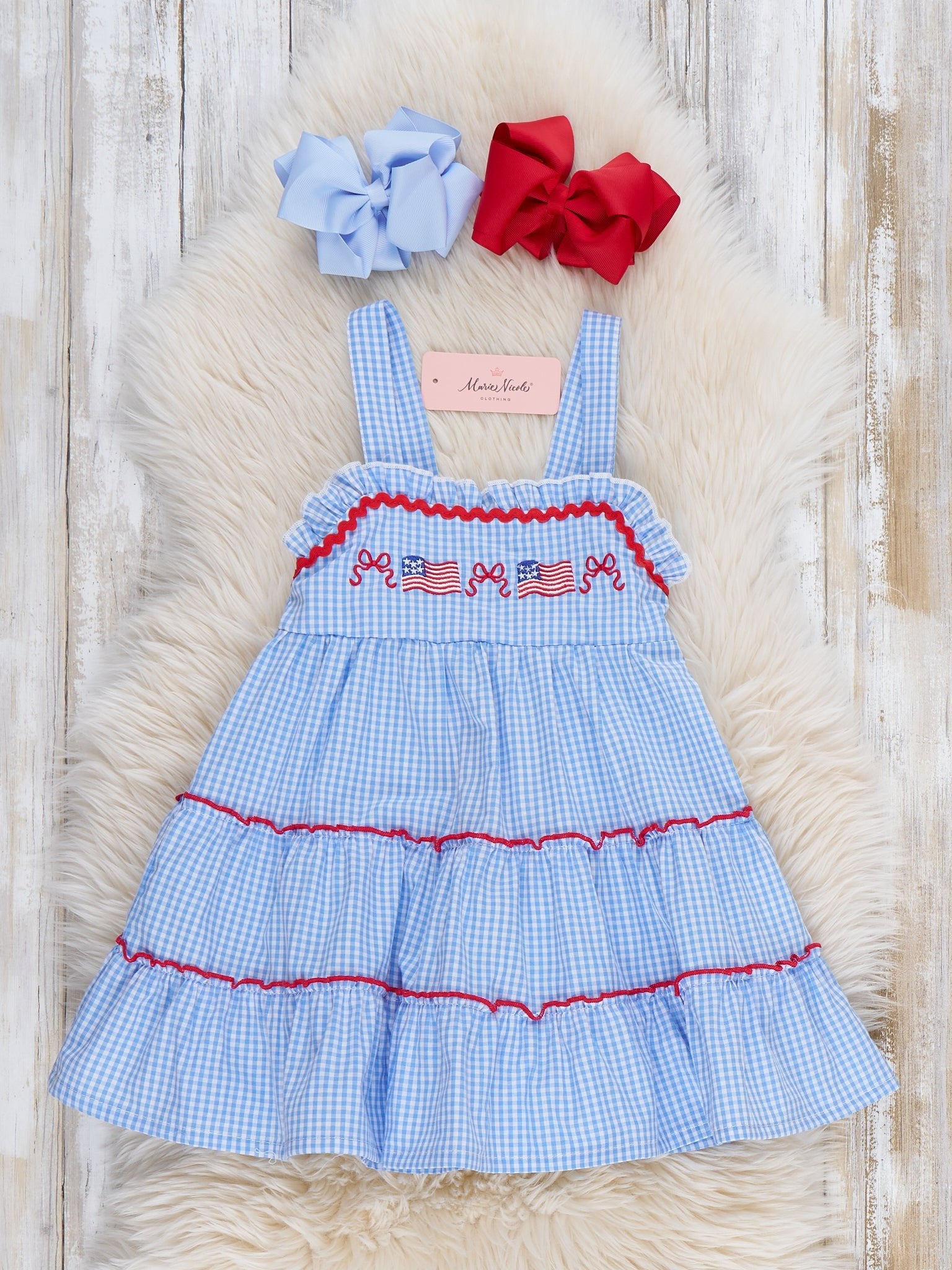 Patriotic Flag & Bows Embroidered 100% Cotton Tiered Dress - Marie Nicole Clothing