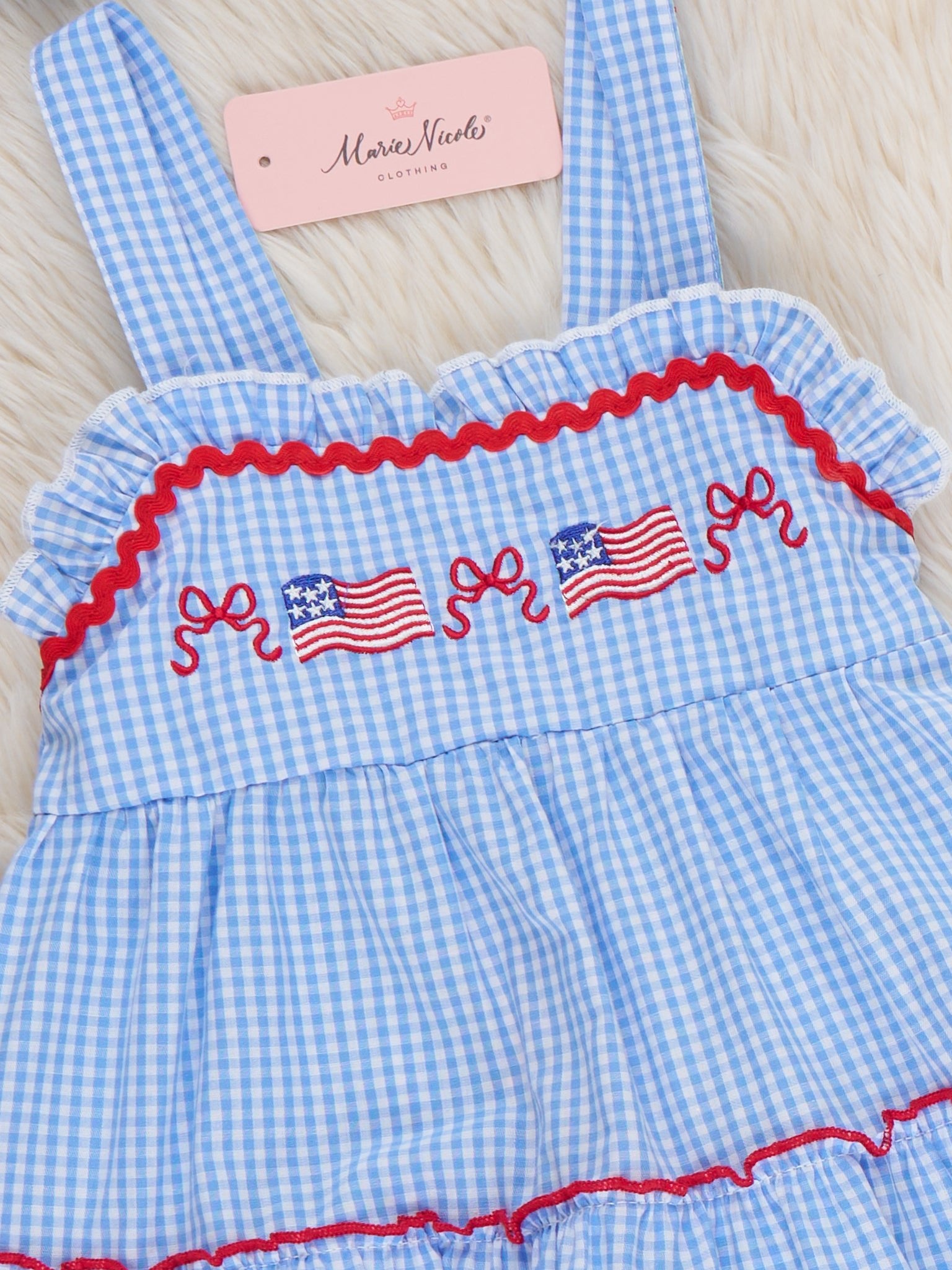 Patriotic Flag & Bows Embroidered 100% Cotton Tiered Dress - Marie Nicole Clothing