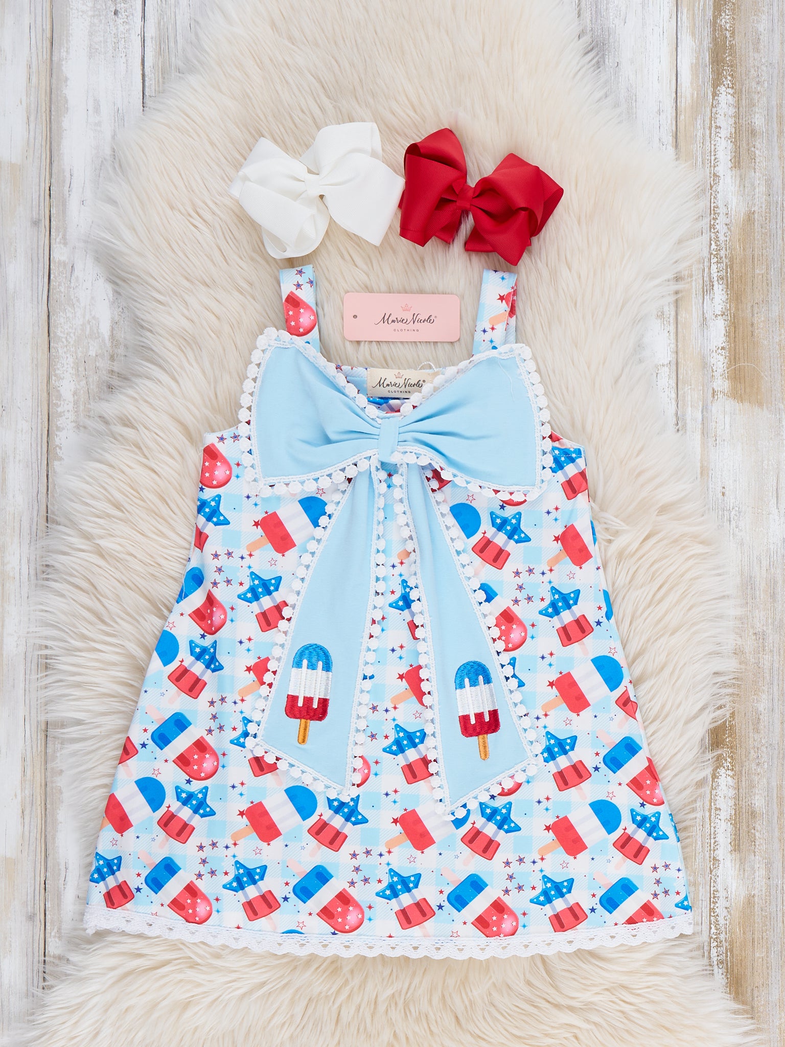 Patriotic Popsicles Embroidered Bow Dress - Marie Nicole Clothing