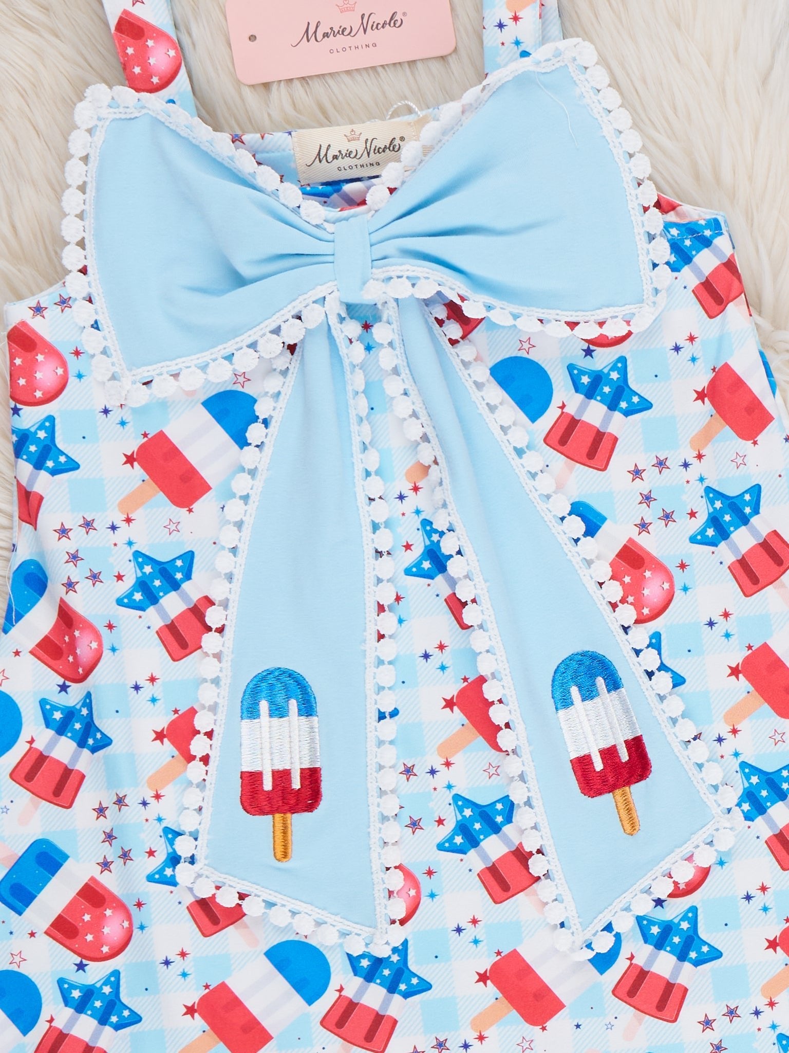 Patriotic Popsicles Embroidered Bow Dress - Marie Nicole Clothing