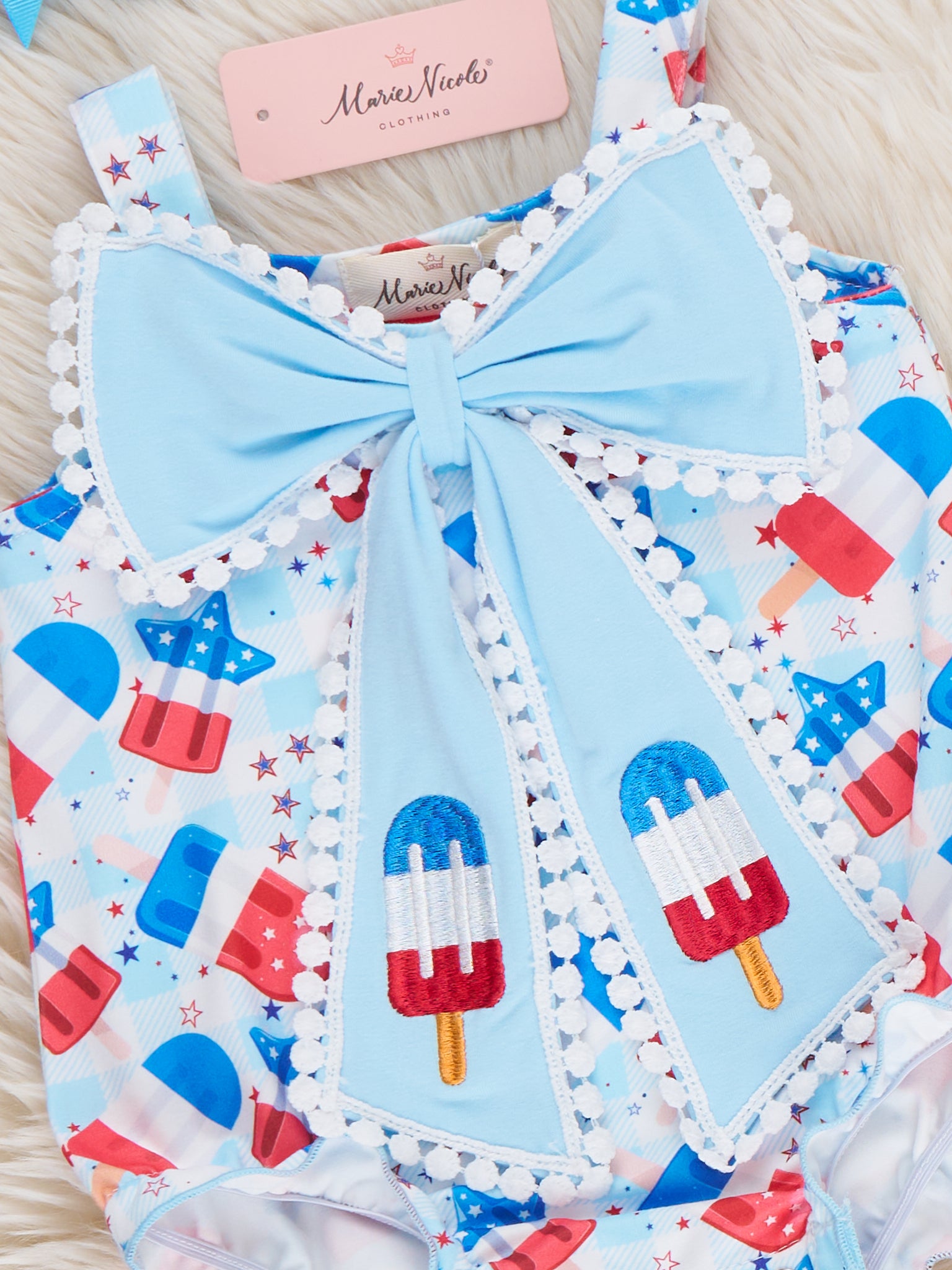 Patriotic Popsicles Embroidered Bow Bubble Romper - Marie Nicole Clothing