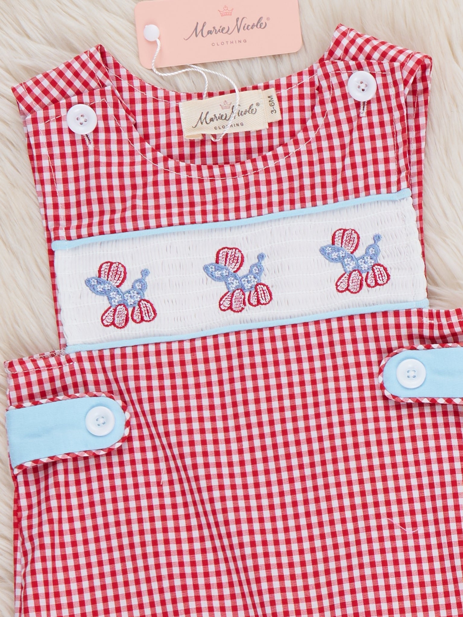Balloon Pup Gingham Smocked 100% Cotton Johnny - Marie Nicole Clothing