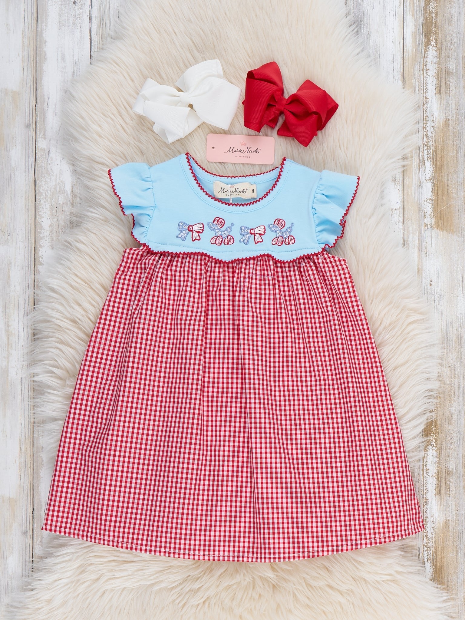 Balloon Pup Gingham Embroidered Cotton Dress - Marie Nicole Clothing