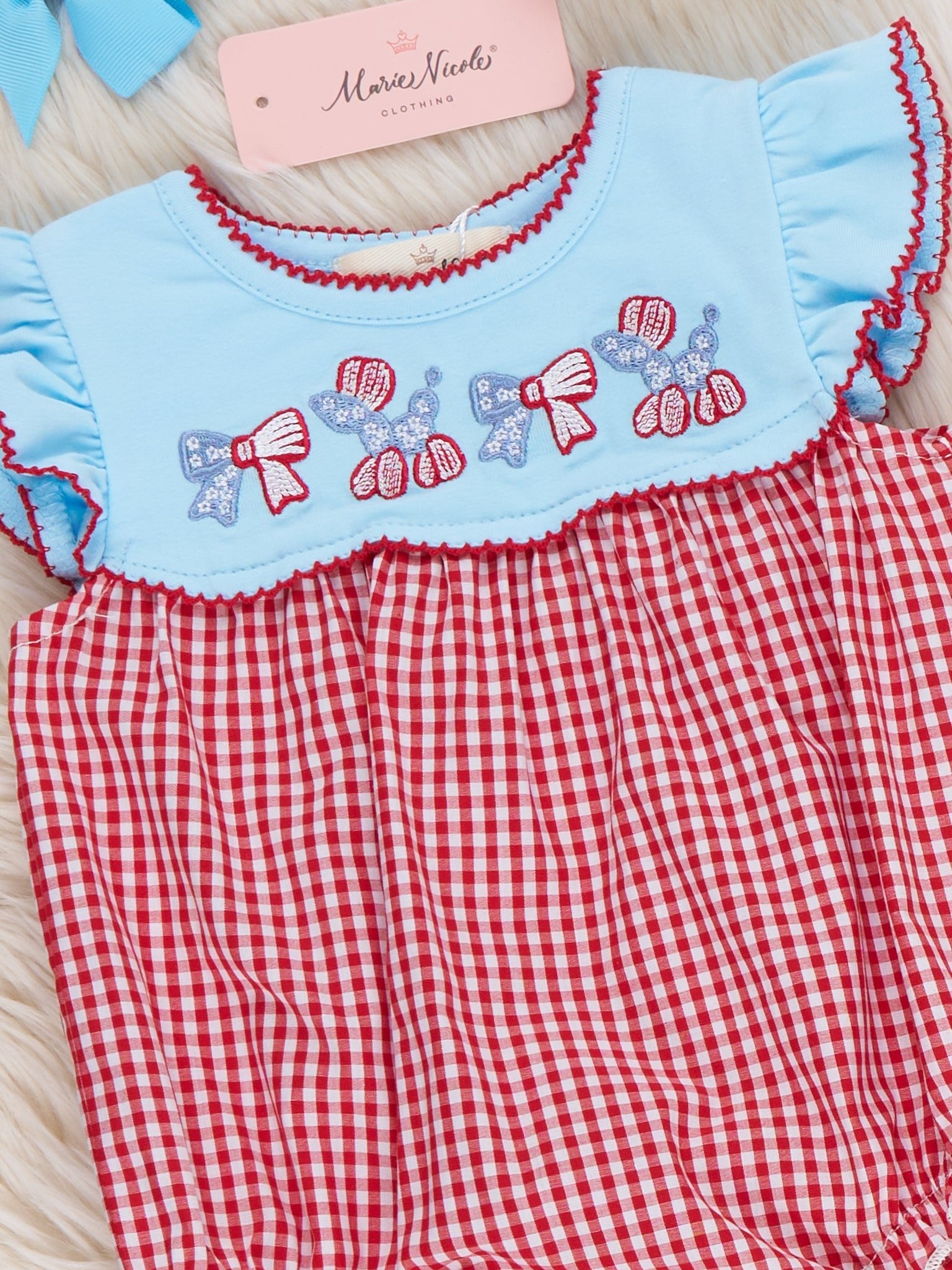 Balloon Pup Gingham Embroidered Cotton Bubble Romper - Marie Nicole Clothing
