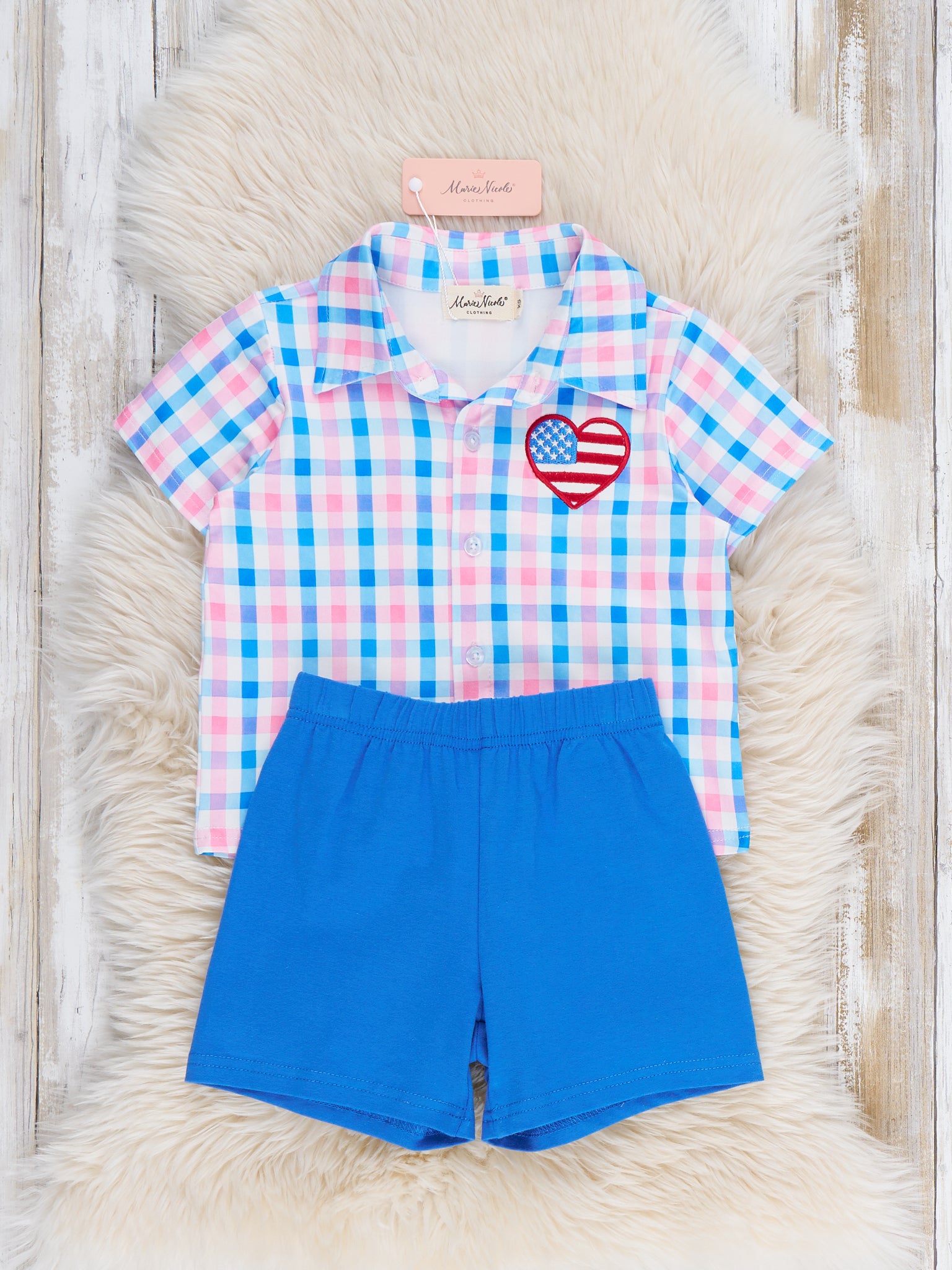 USA Heart Embroidered Plaid Outfit - Marie Nicole Clothing