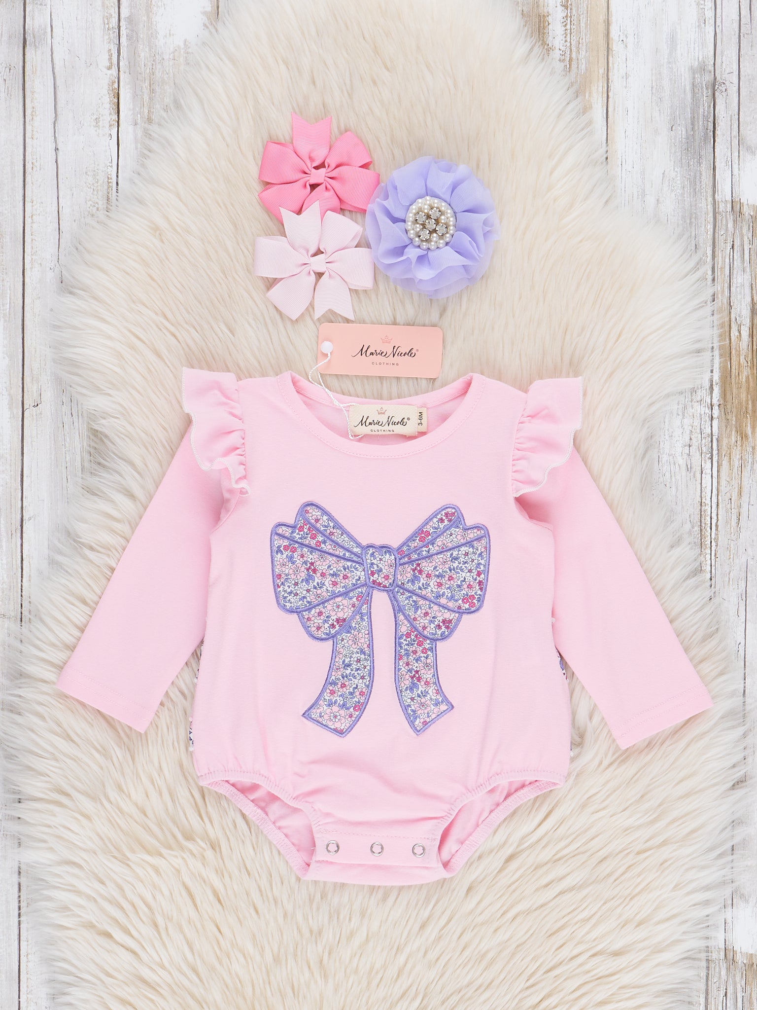 Delicate Flower Bow Ruffle Bubble Romper - Marie Nicole Clothing