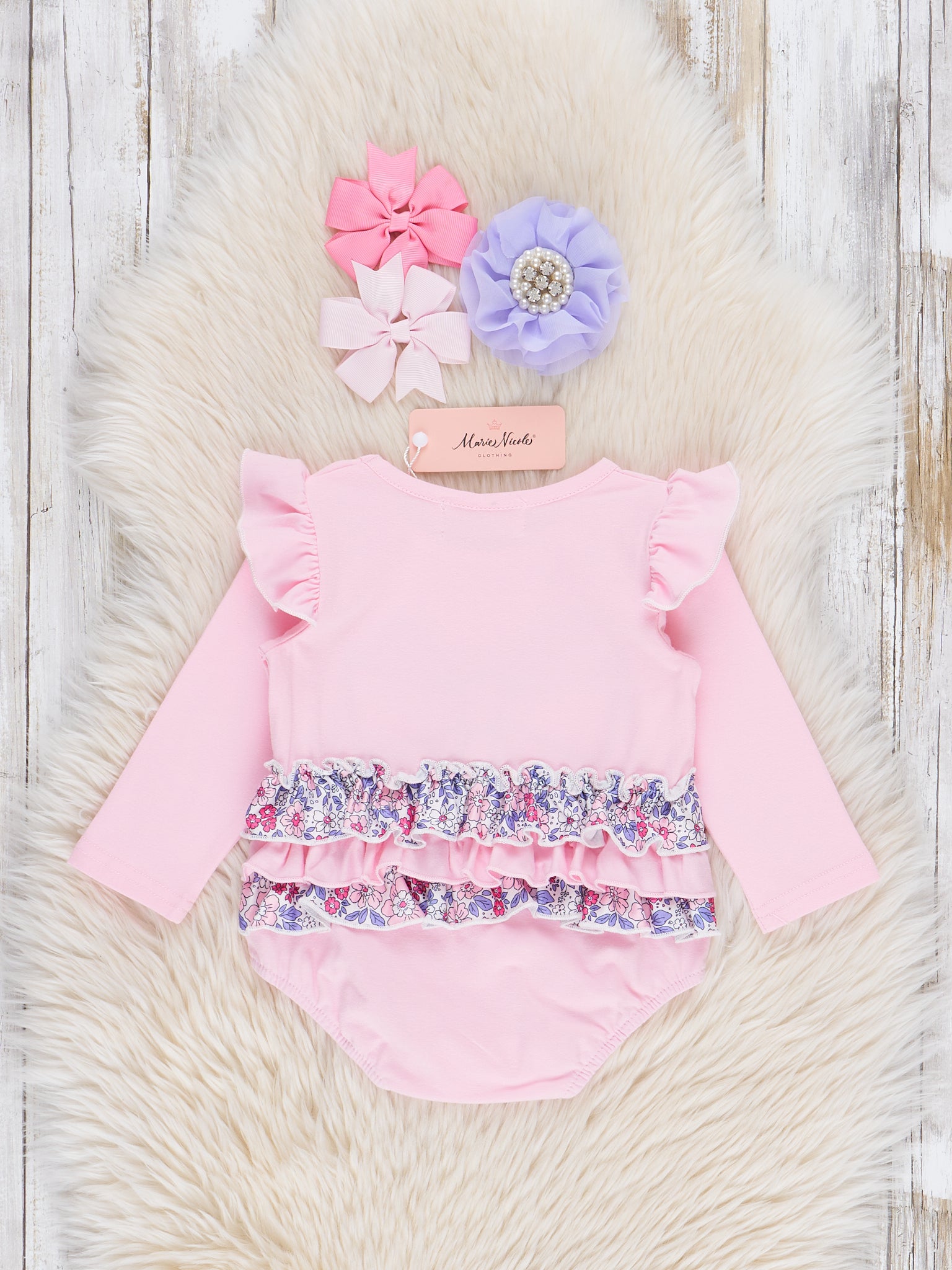 Delicate Flower Bow Ruffle Bubble Romper - Marie Nicole Clothing