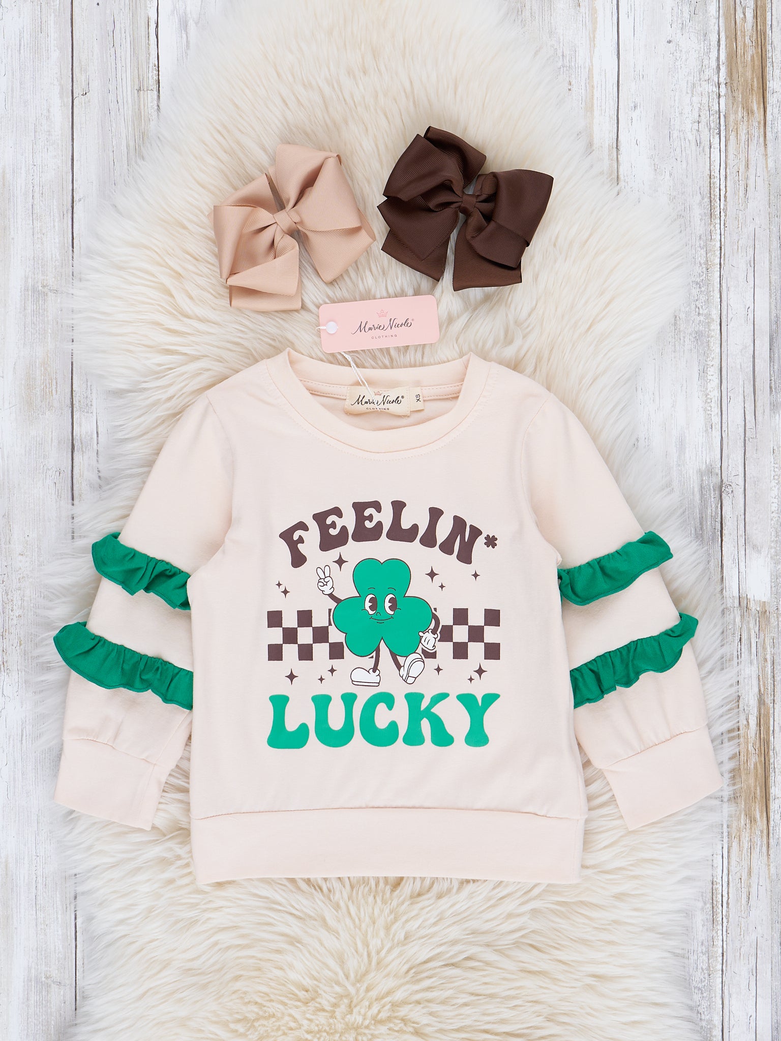 Tan & Green "Feelin' Lucky" Ruffle Shirt - Marie Nicole Clothing