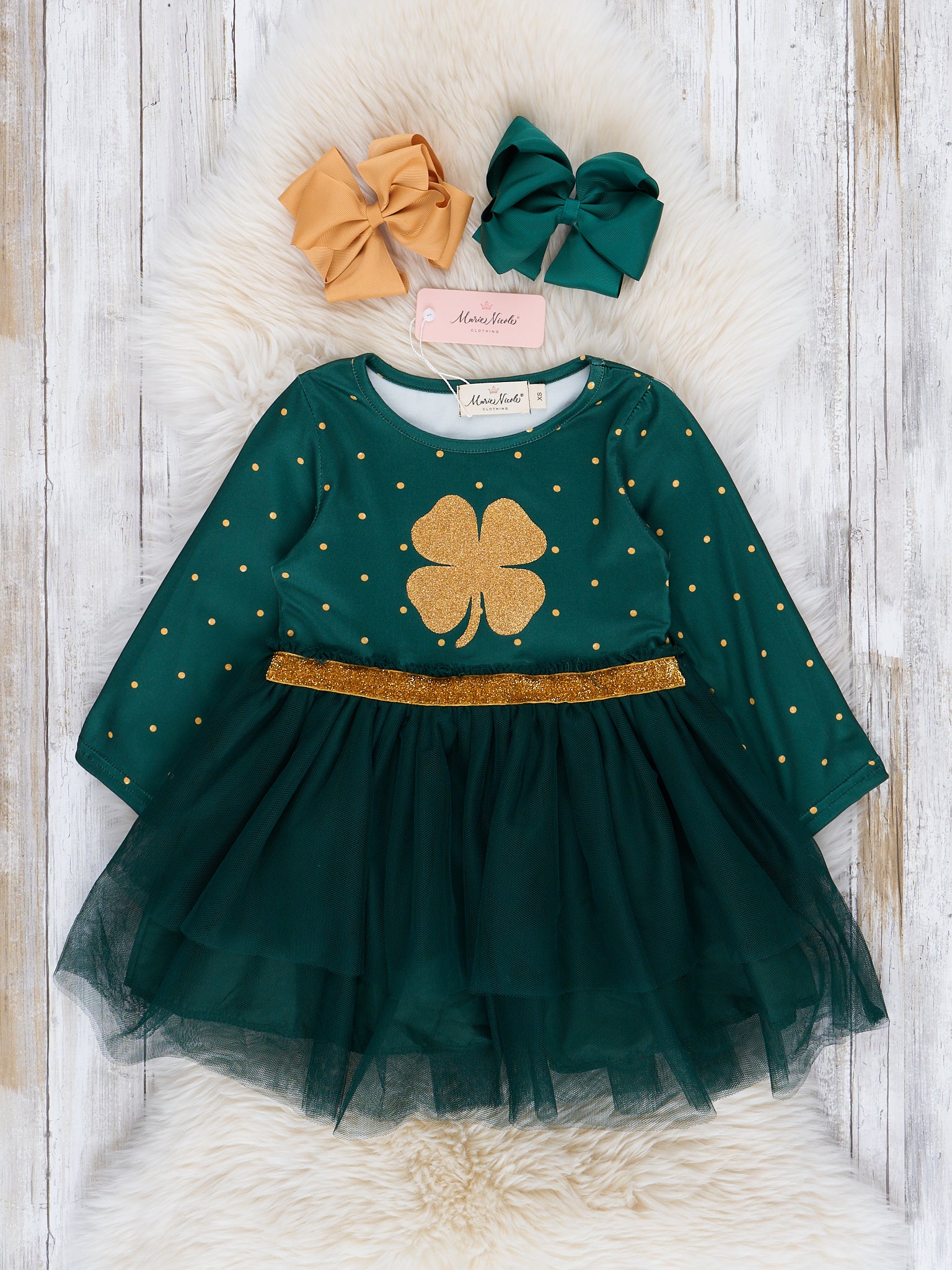 Emerald & Gold 4 Leaf Clover Tulle Dress - Marie Nicole Clothing