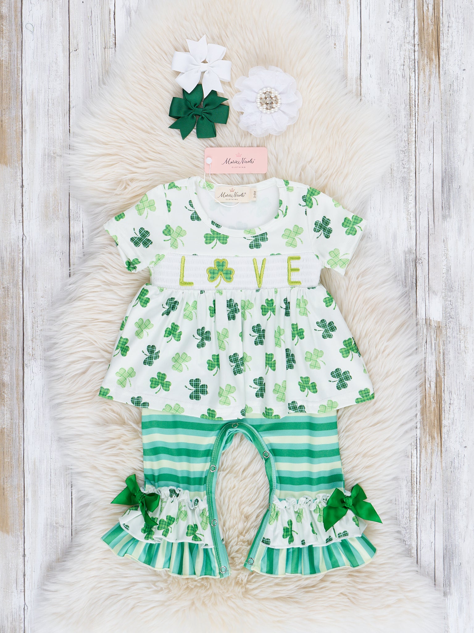 Green & White Smocked Shamrock Love Romper - Marie Nicole Clothing