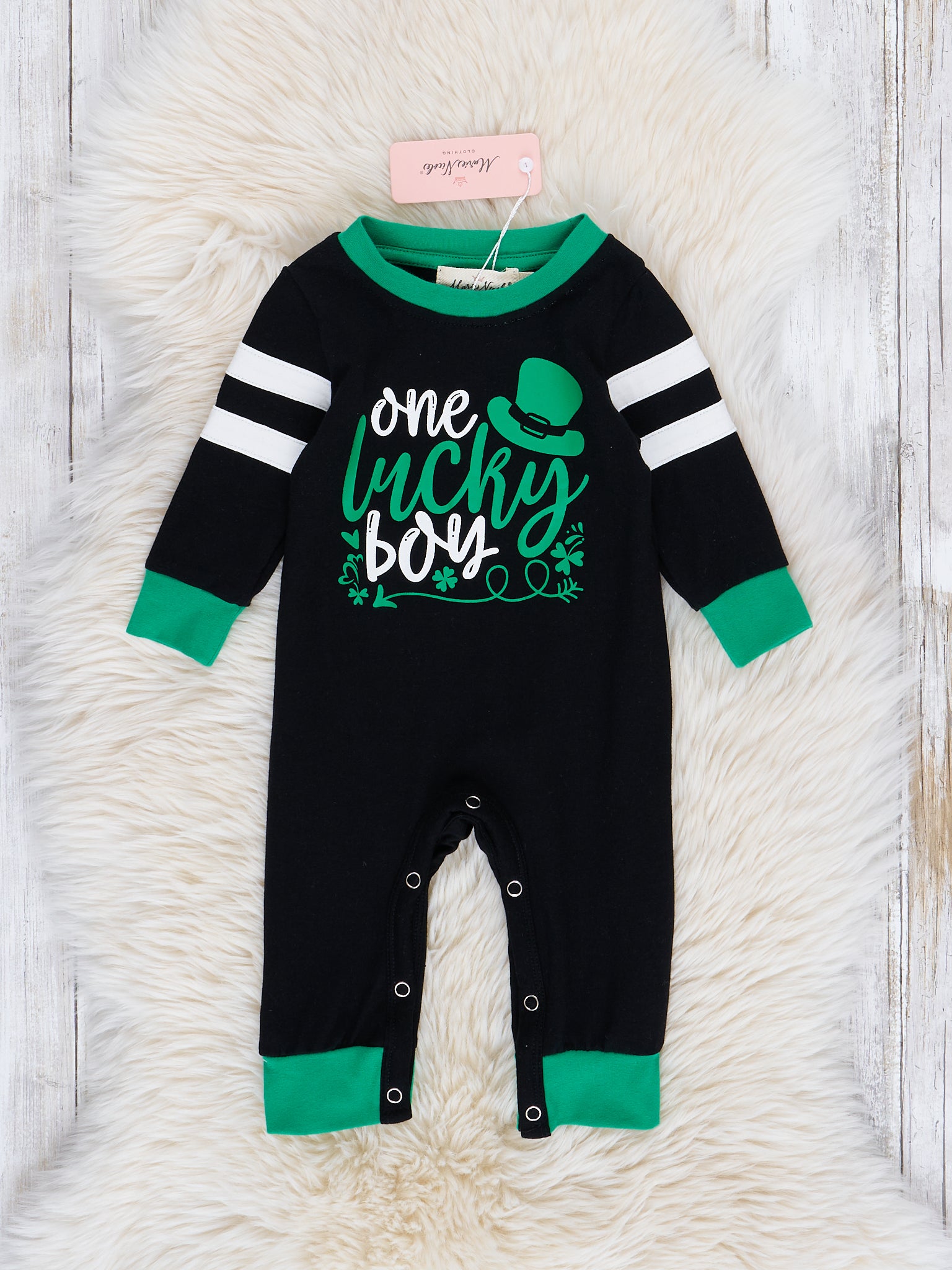 Black "Lucky Boy" Romper - Marie Nicole Clothing