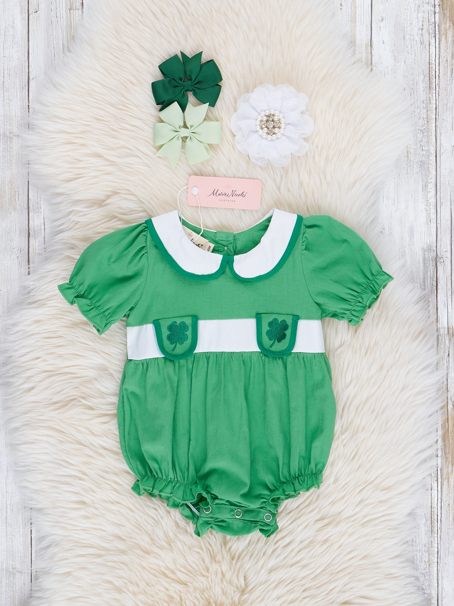 Green 4 - Leaf Clover Smocked Bubble Romper - Marie Nicole Clothing